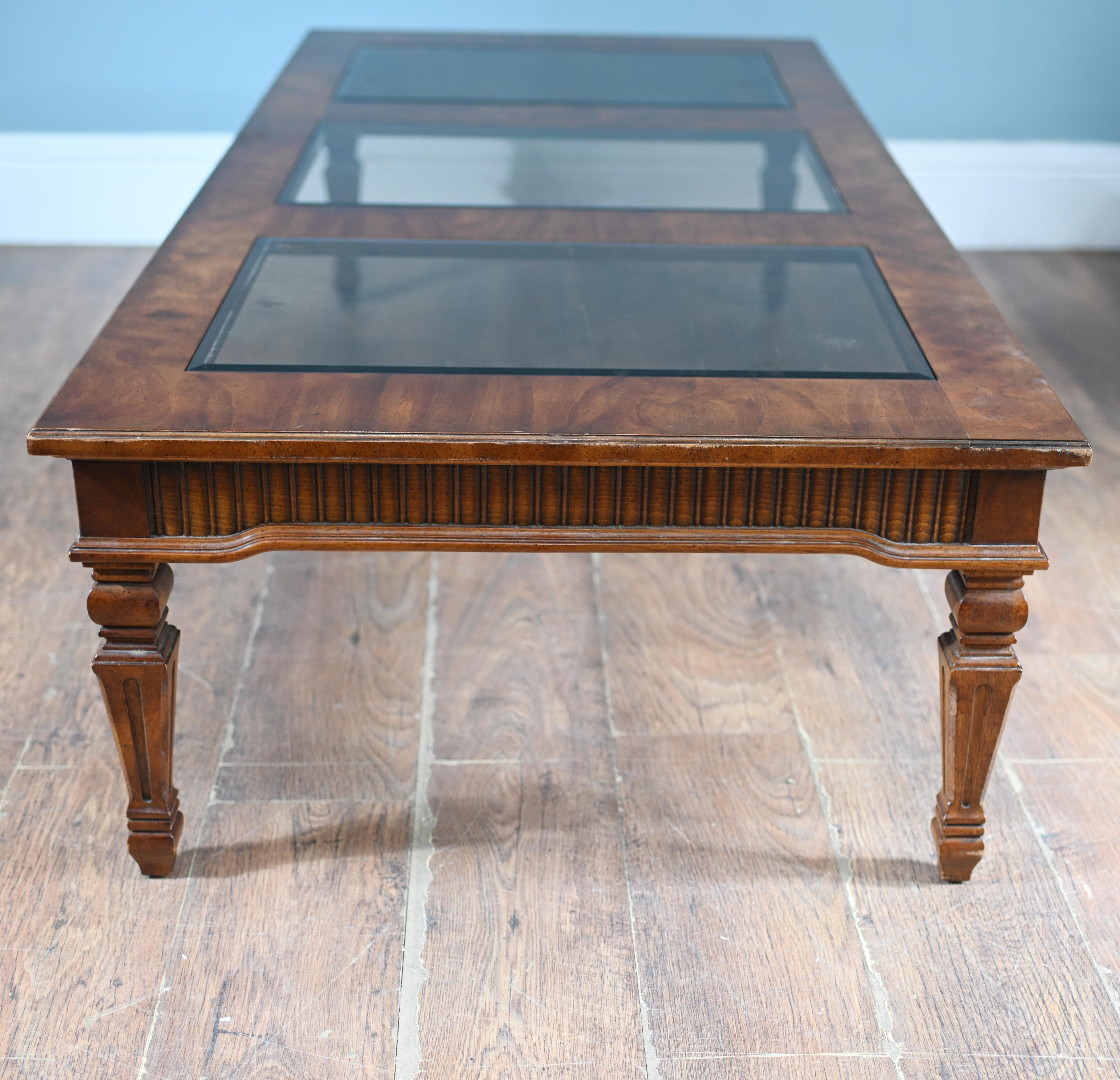 Adams Revival Coffee Table Walnut Glass Inserts For Sale 2