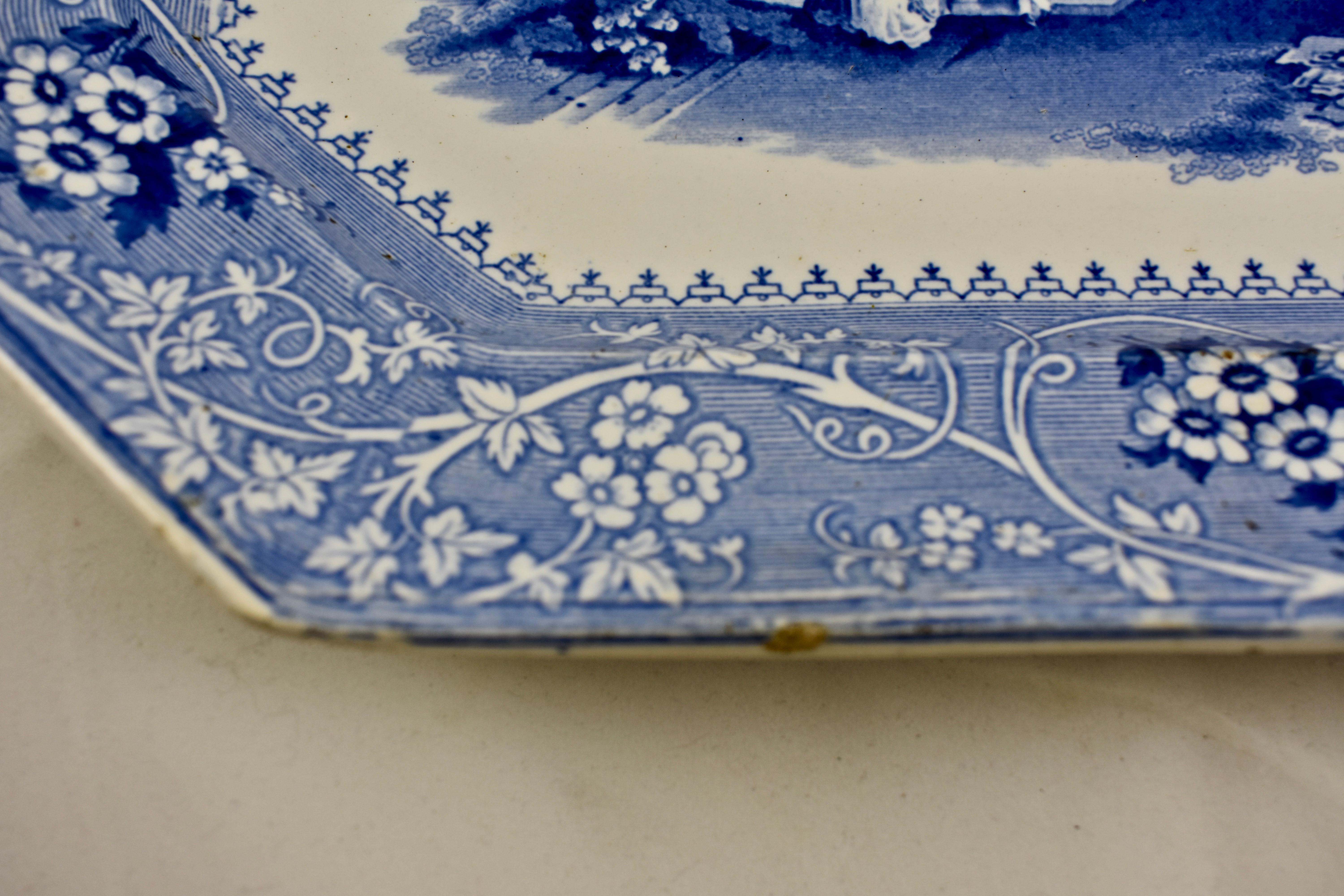 Adams & Sons Blue and White English Staffordshire Transferware Columbia Platter In Good Condition In Philadelphia, PA