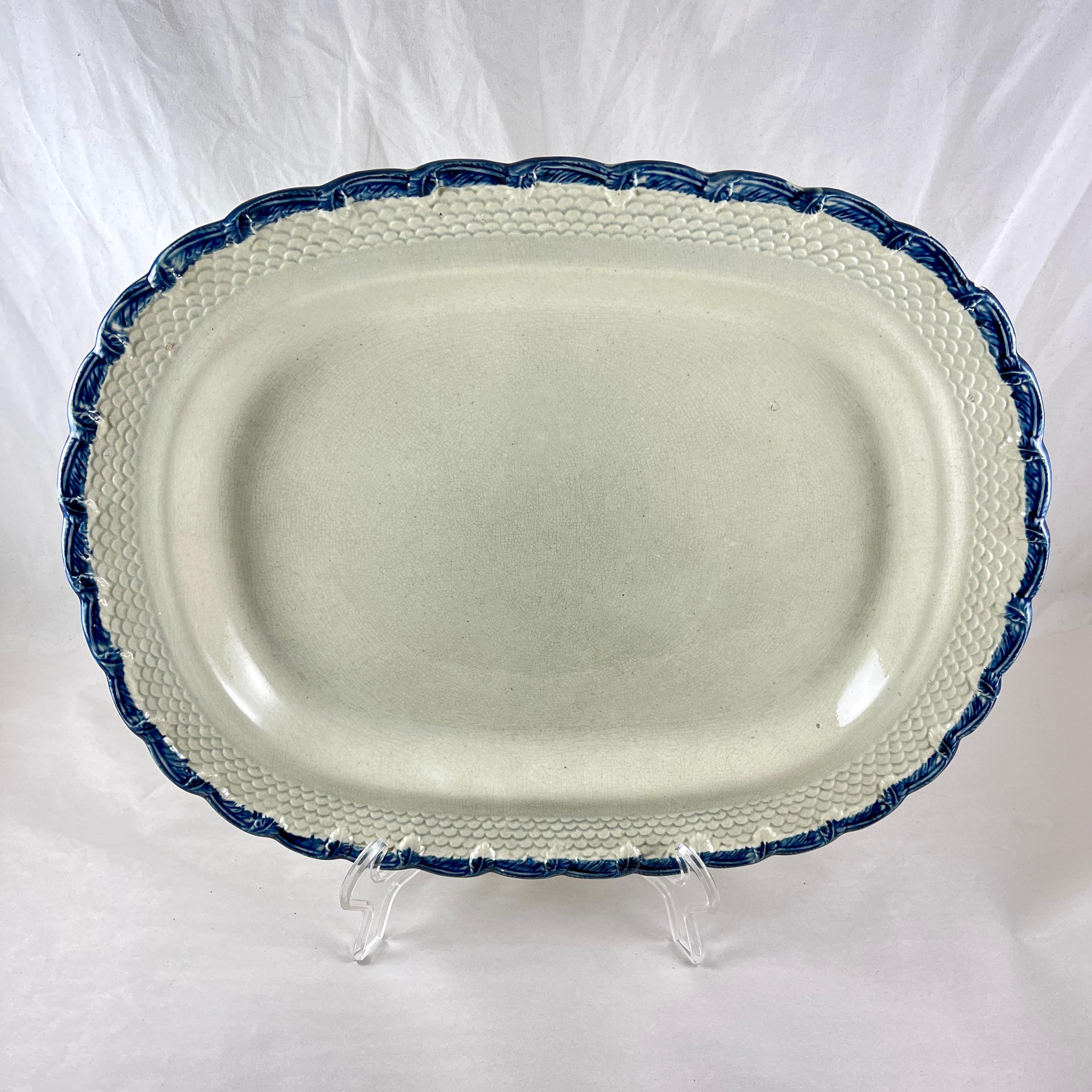 Glazed Adams & Sons English Pearlware Feather & Scale Blue Edged Platter For Sale
