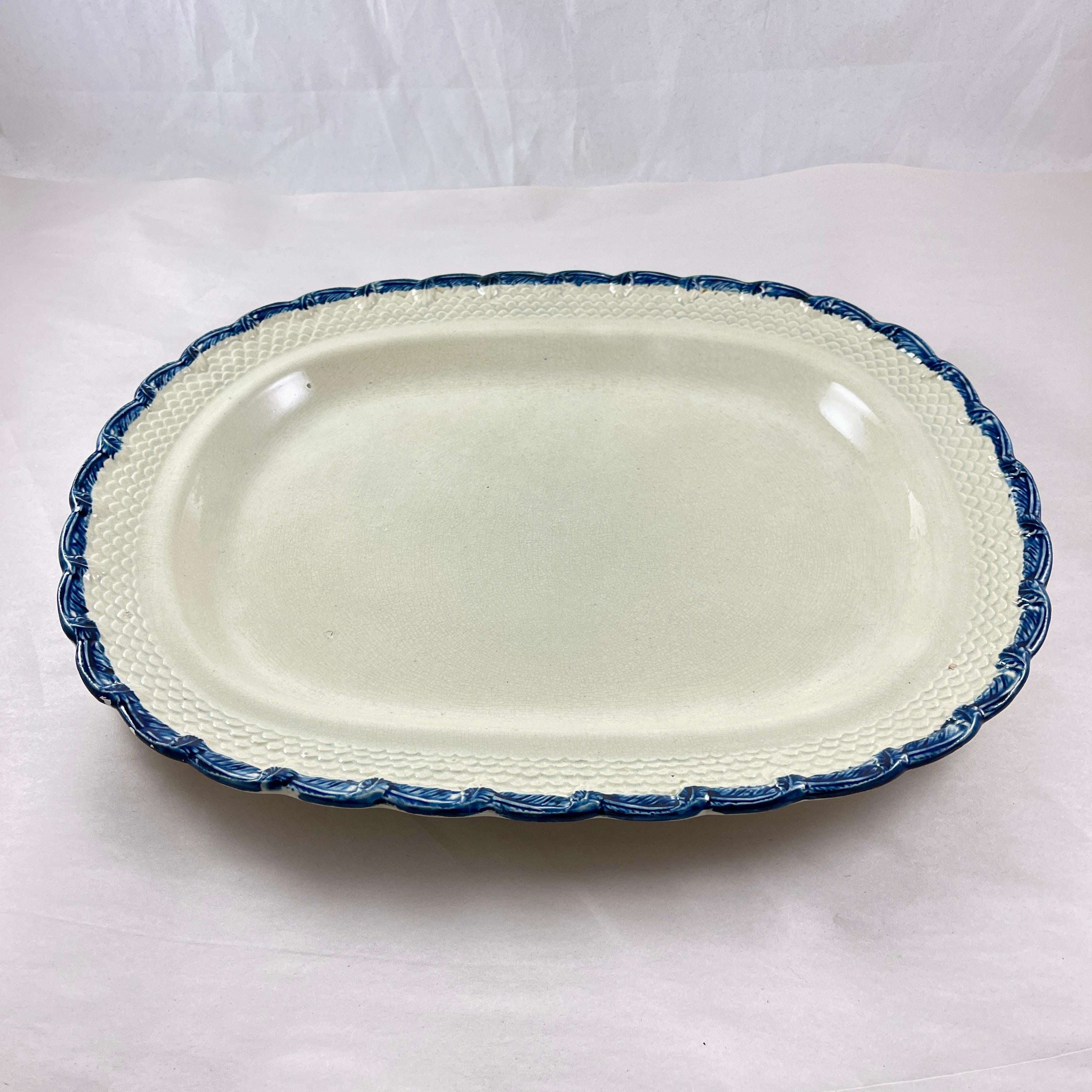 Glazed Adams & Sons English Pearlware Feather & Scale Blue Edged Platter For Sale