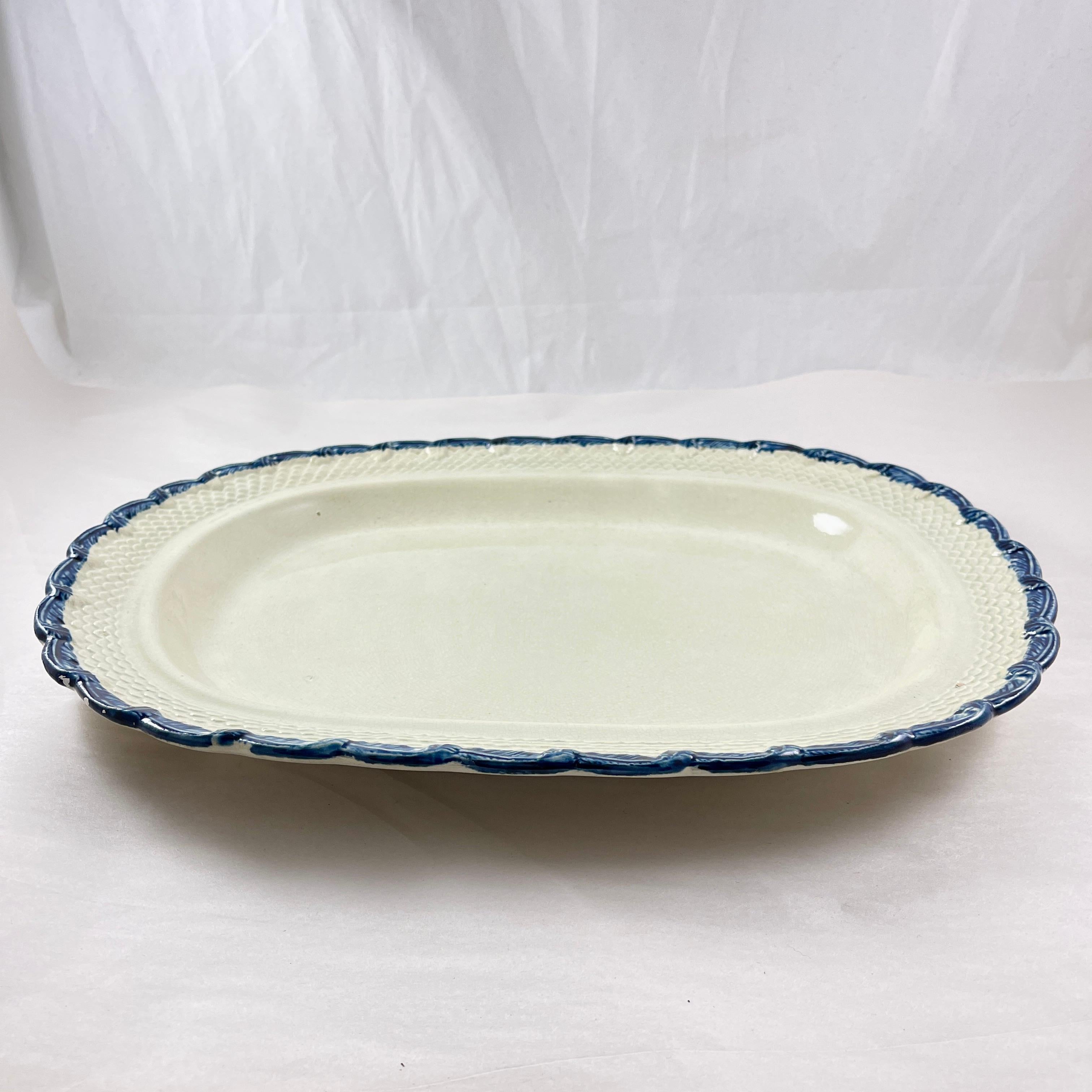 Adams & Sons English Pearlware Feather & Scale Blue Edged Platter In Good Condition For Sale In Philadelphia, PA