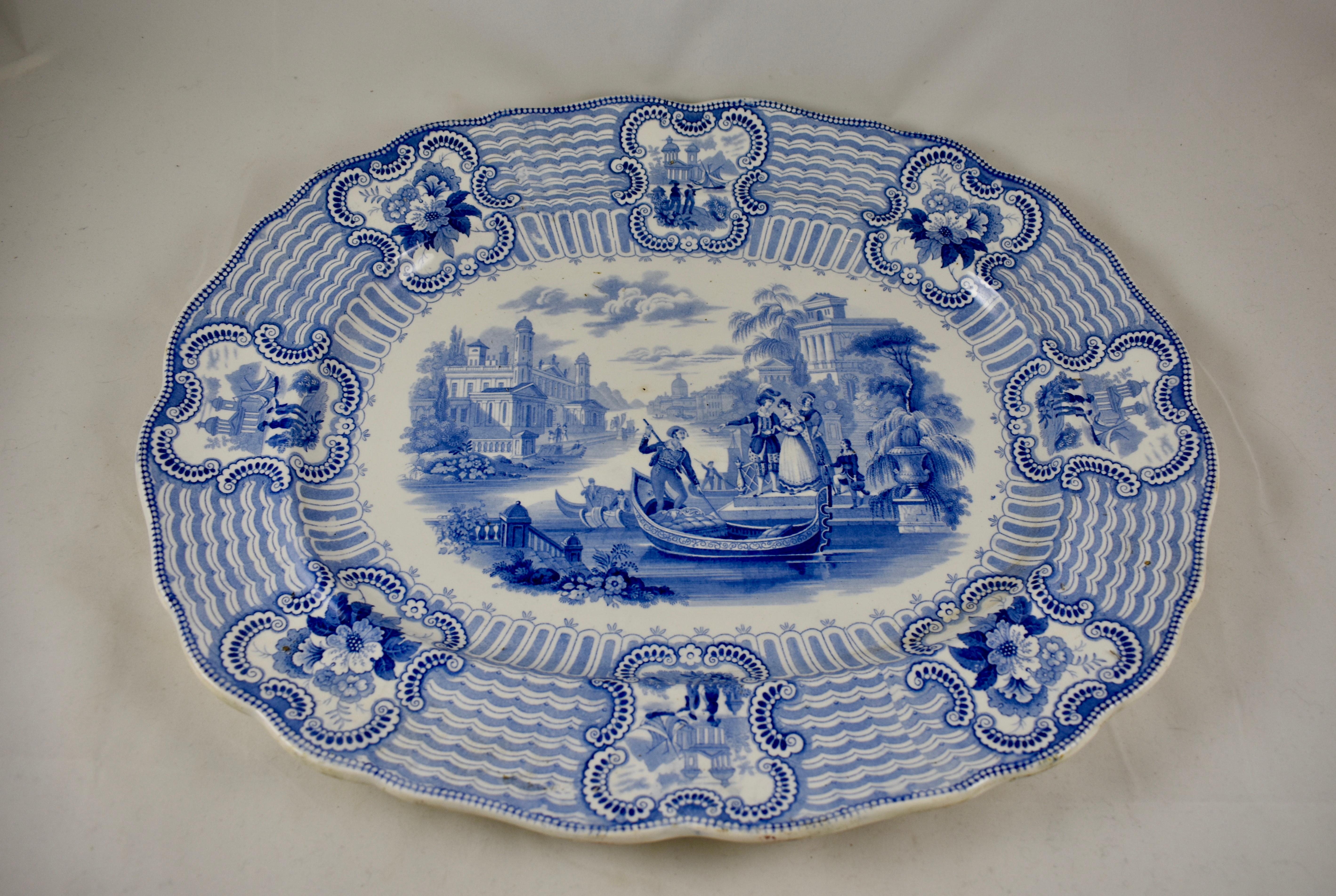 English Adams & Sons Staffordshire Blue and White Transferware 'Bologna' Platter