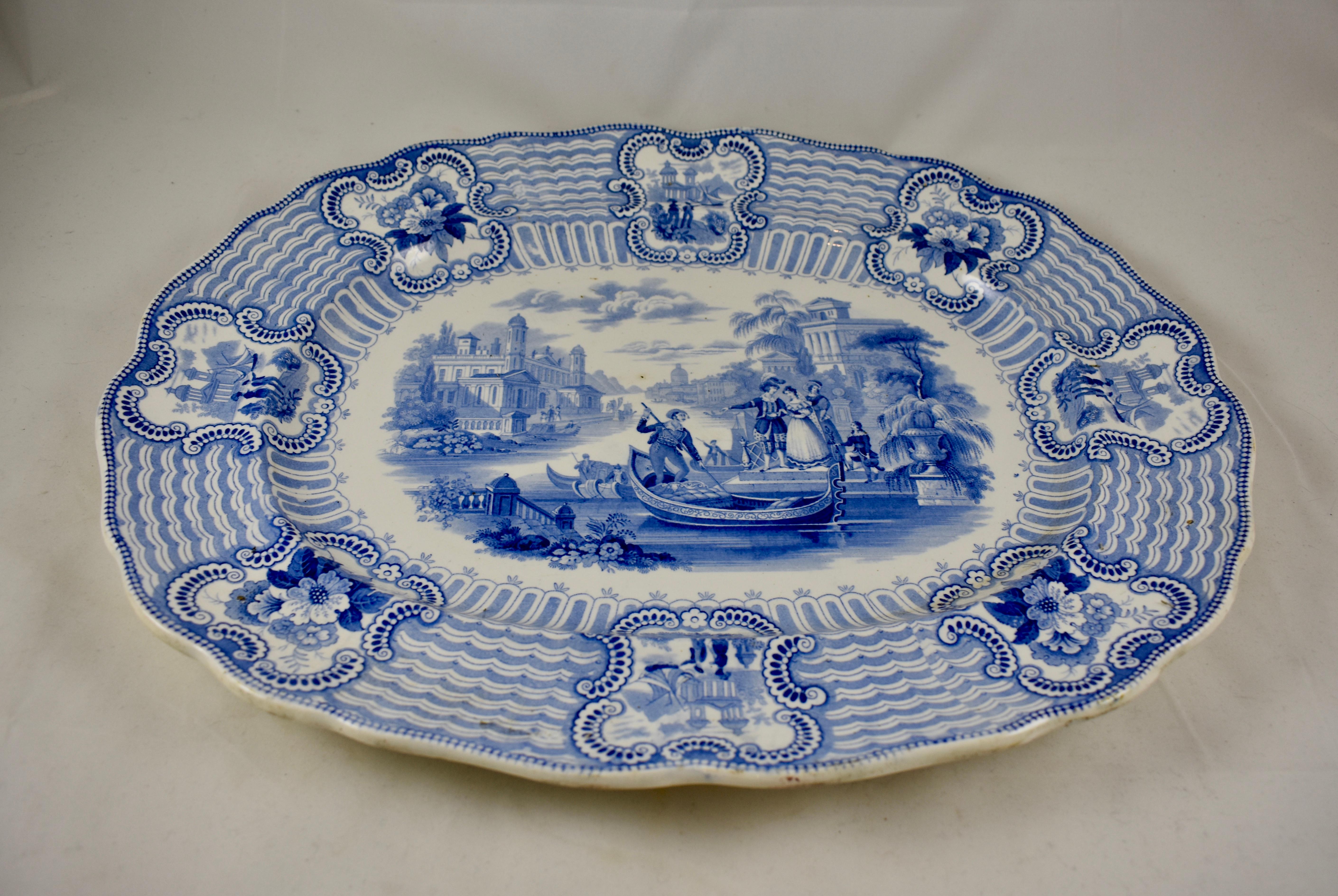 Glazed Adams & Sons Staffordshire Blue and White Transferware 'Bologna' Platter