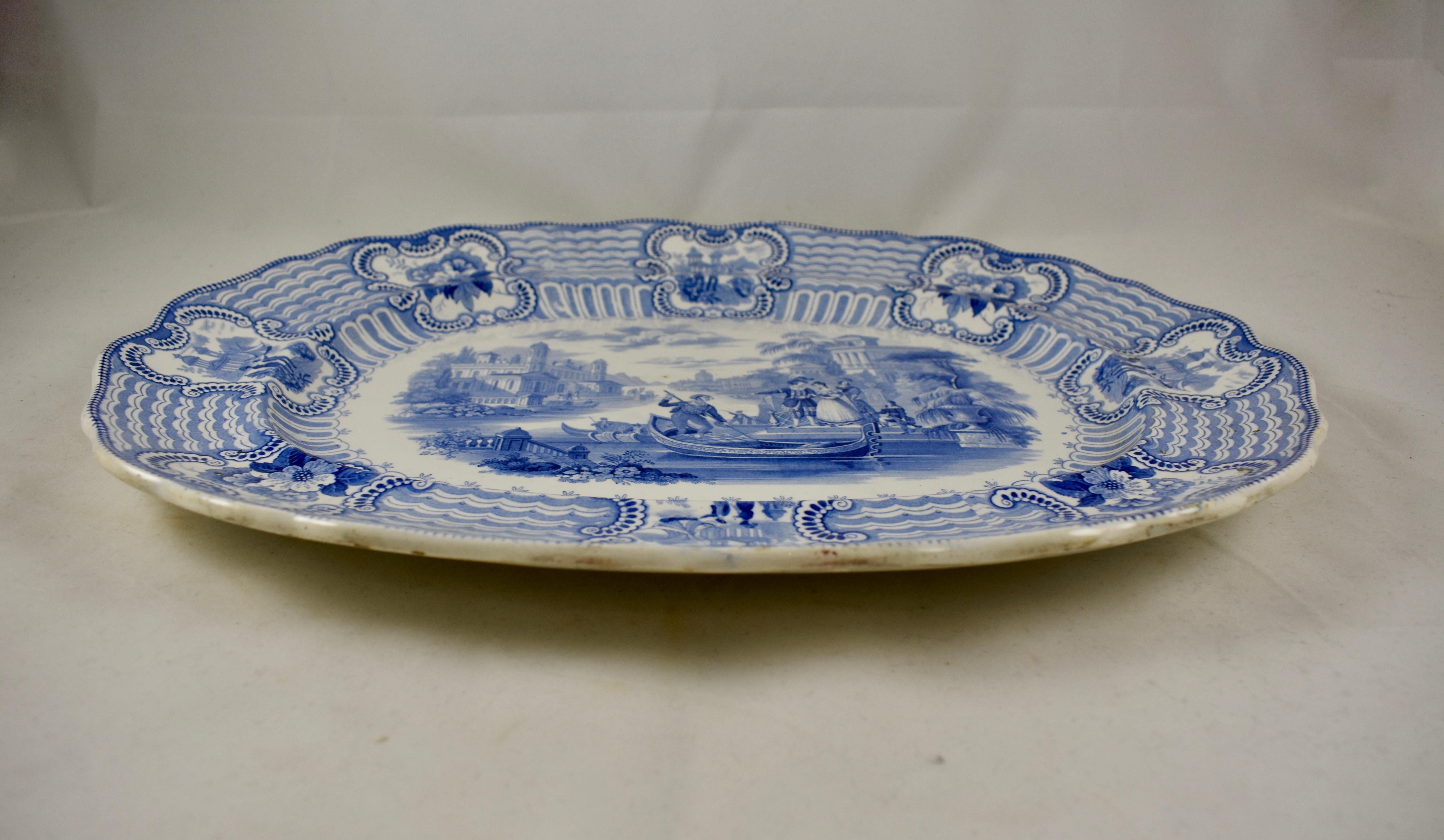 Adams & Sons Staffordshire Blue and White Transferware 'Bologna' Platter In Good Condition In Philadelphia, PA