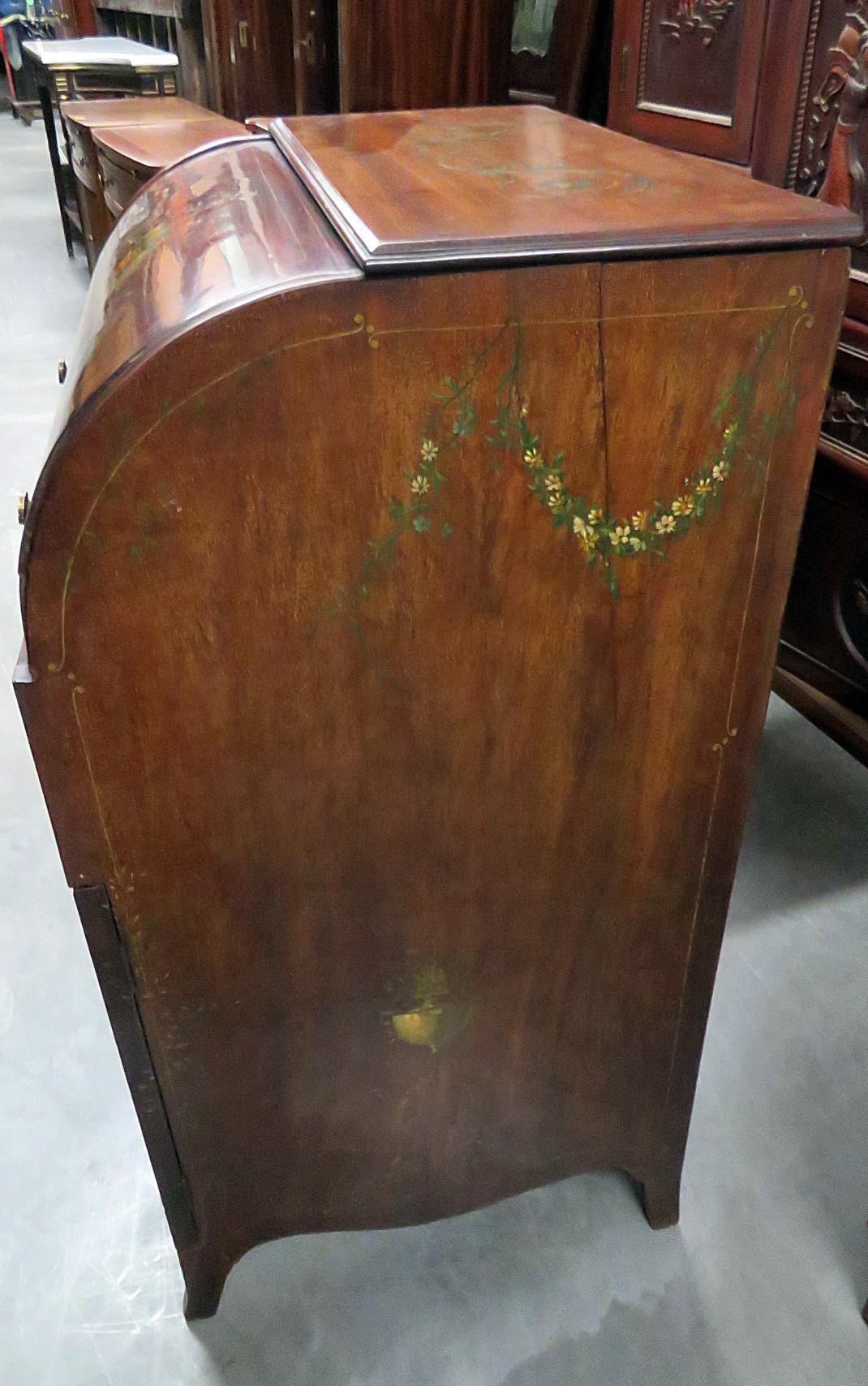 Adams Style Vernis Martin Paint Decorated Antique Cylinder Desk For Sale 3