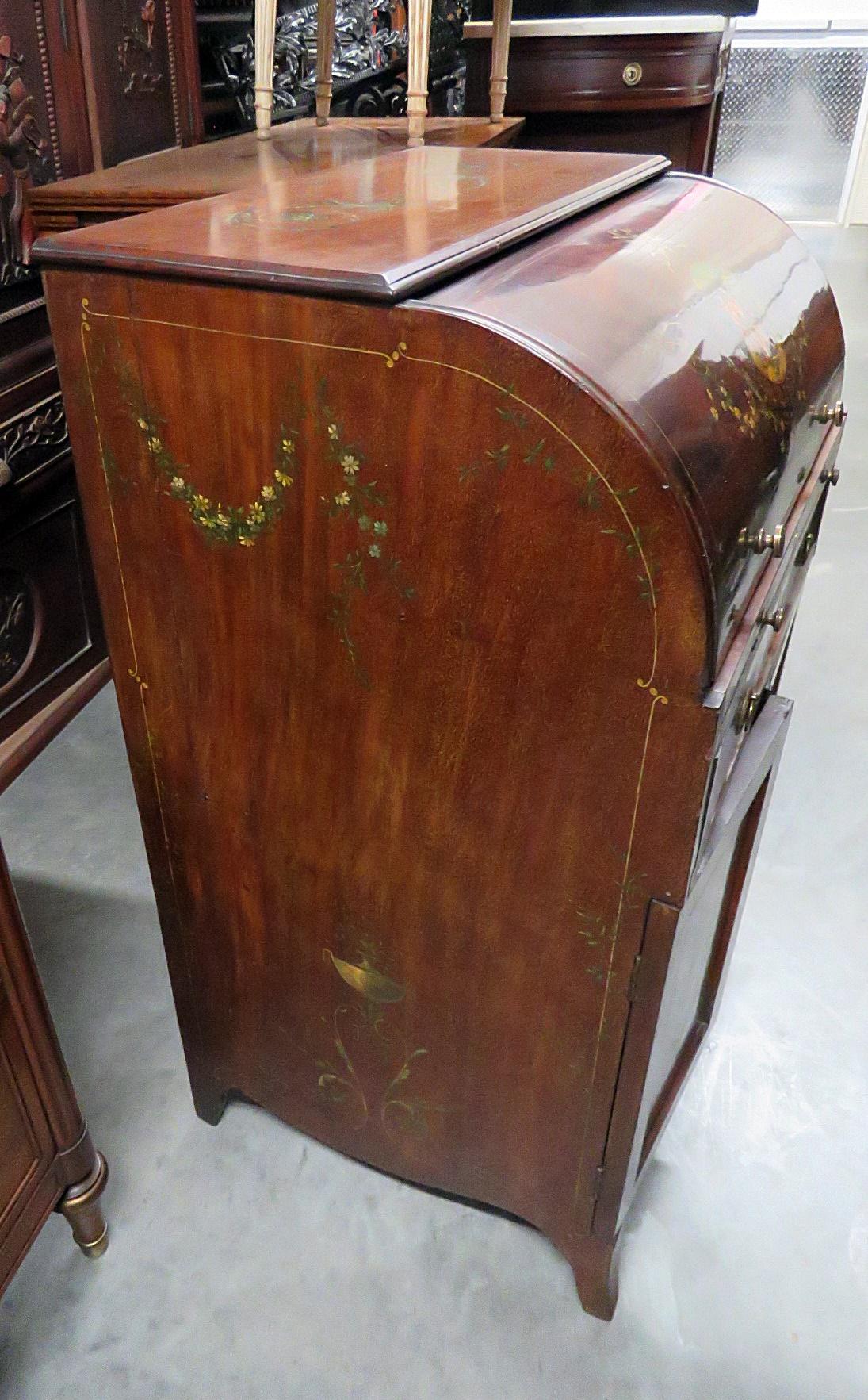 Adams Style Vernis Martin Paint Decorated Antique Cylinder Desk For Sale 5