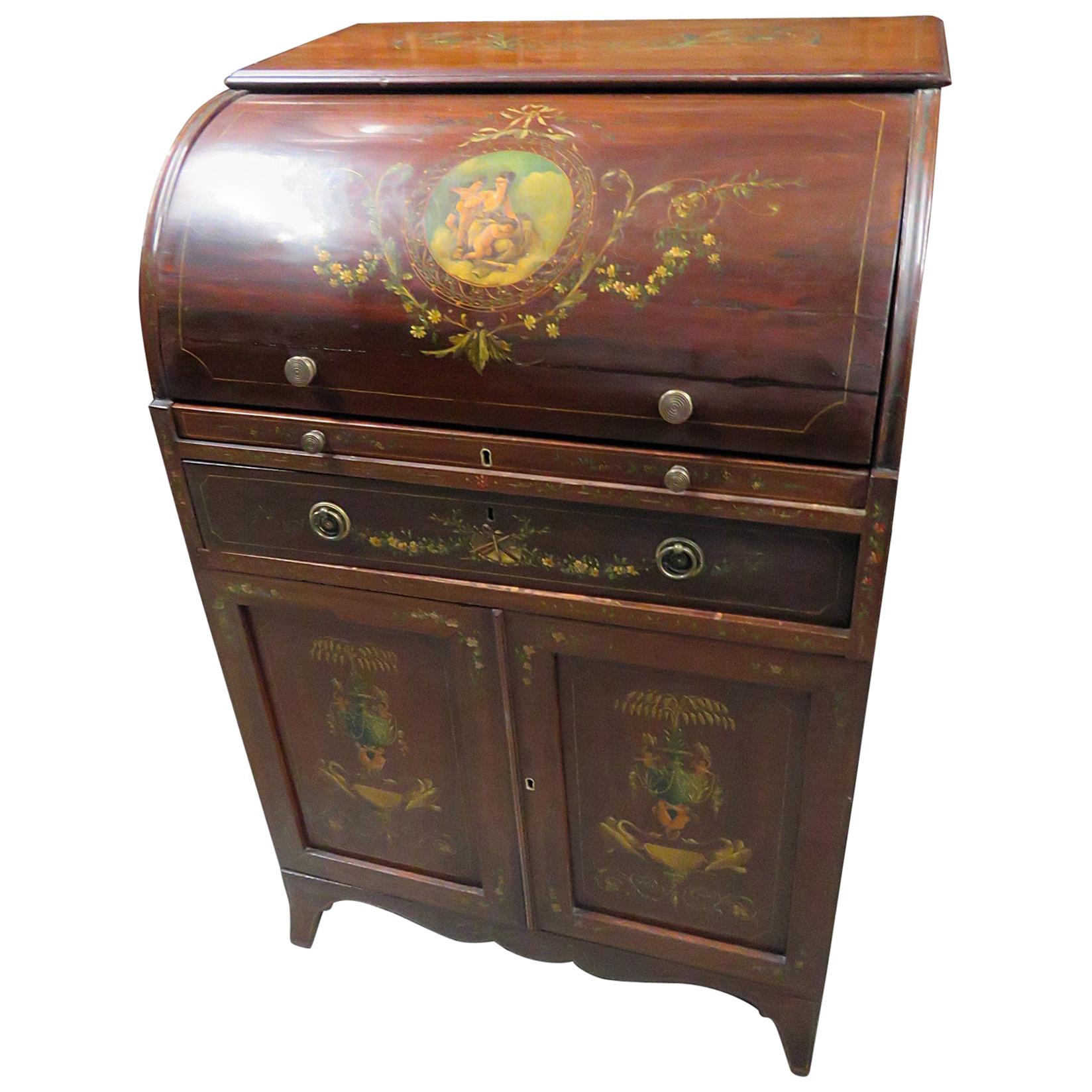 Bureau cylindrique ancien décoré de peinture Vernis Martin de style Adams