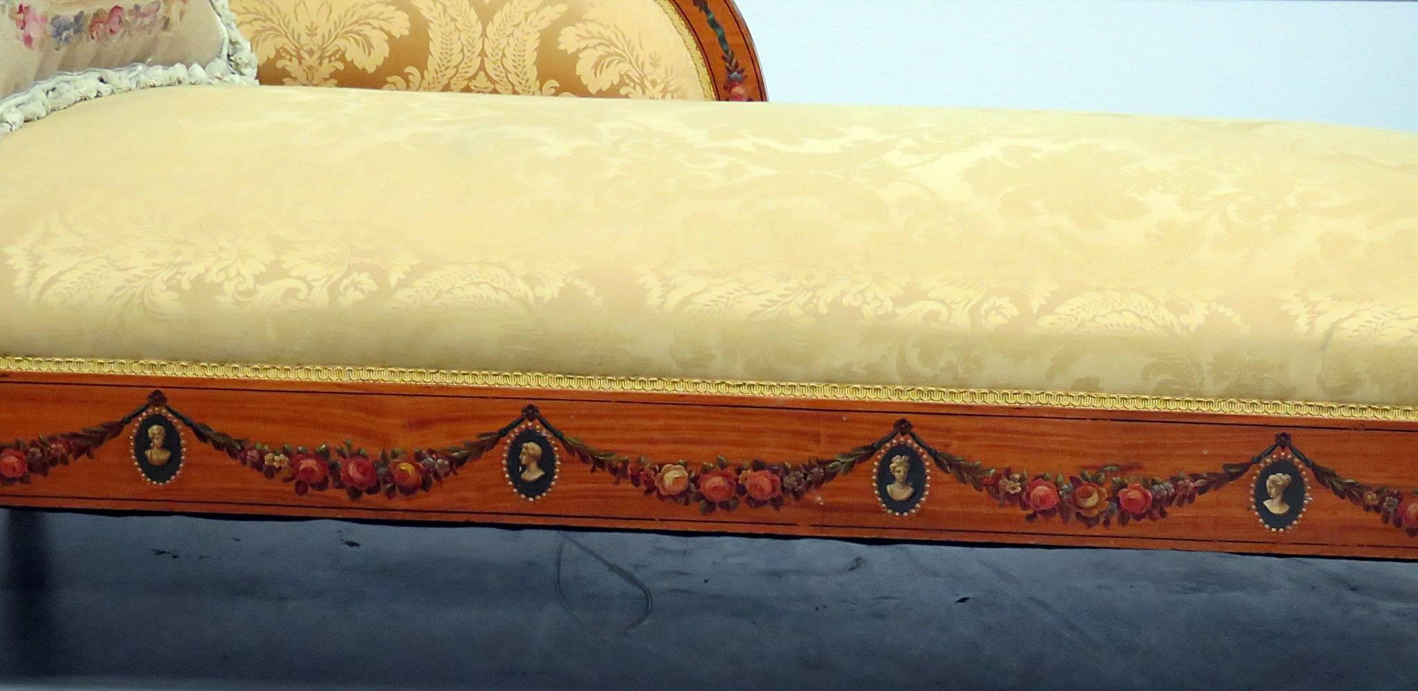 Adams style chaise longue with detailed paint decor and throw pillow.  18