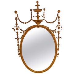 Adams Style Early 20th Century Oval Wall Console Mirror Leaf and Ribbon Carving