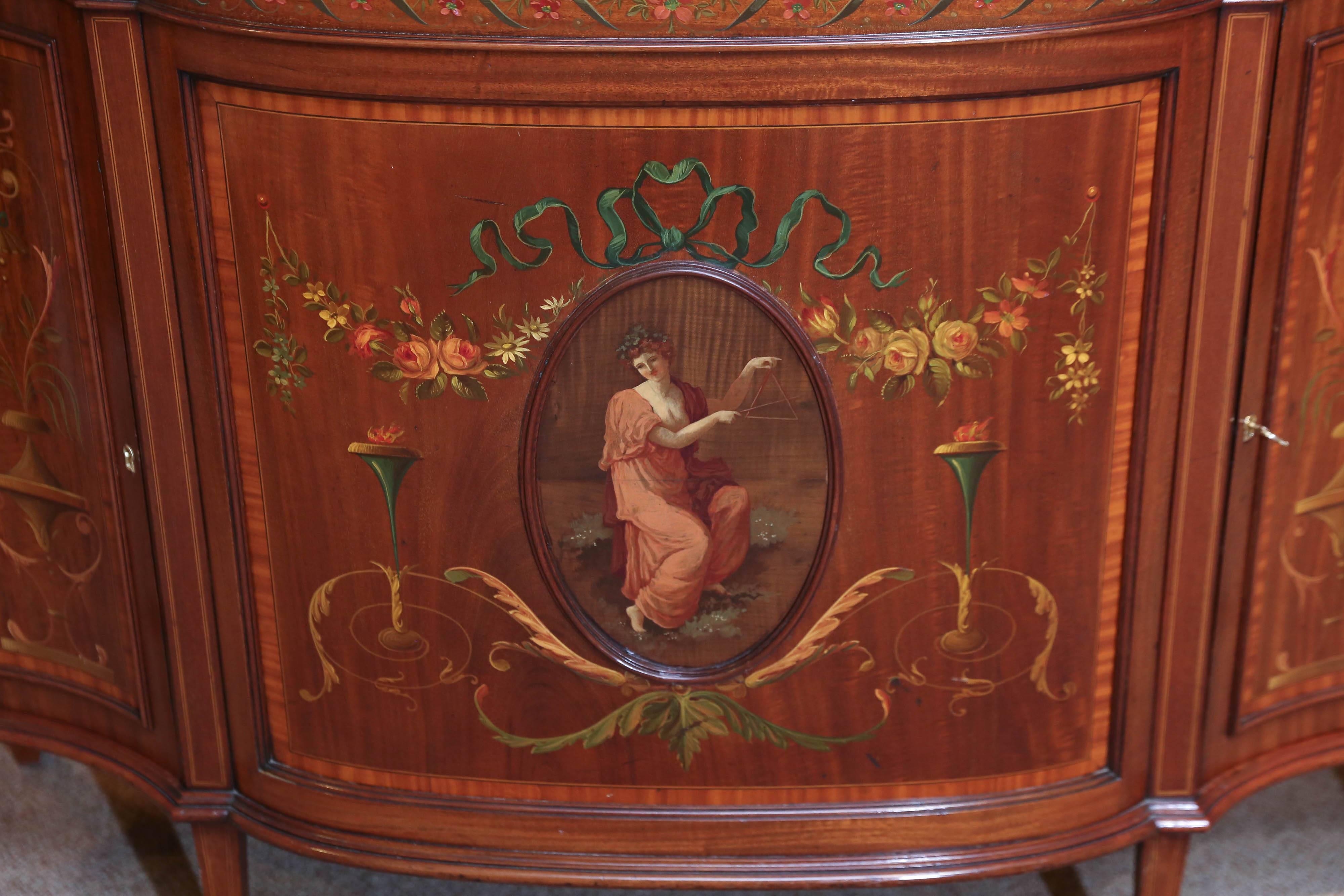 English Adams Style Mahogany Cabinet, Hand-Painted with a Muse and Floral Motif