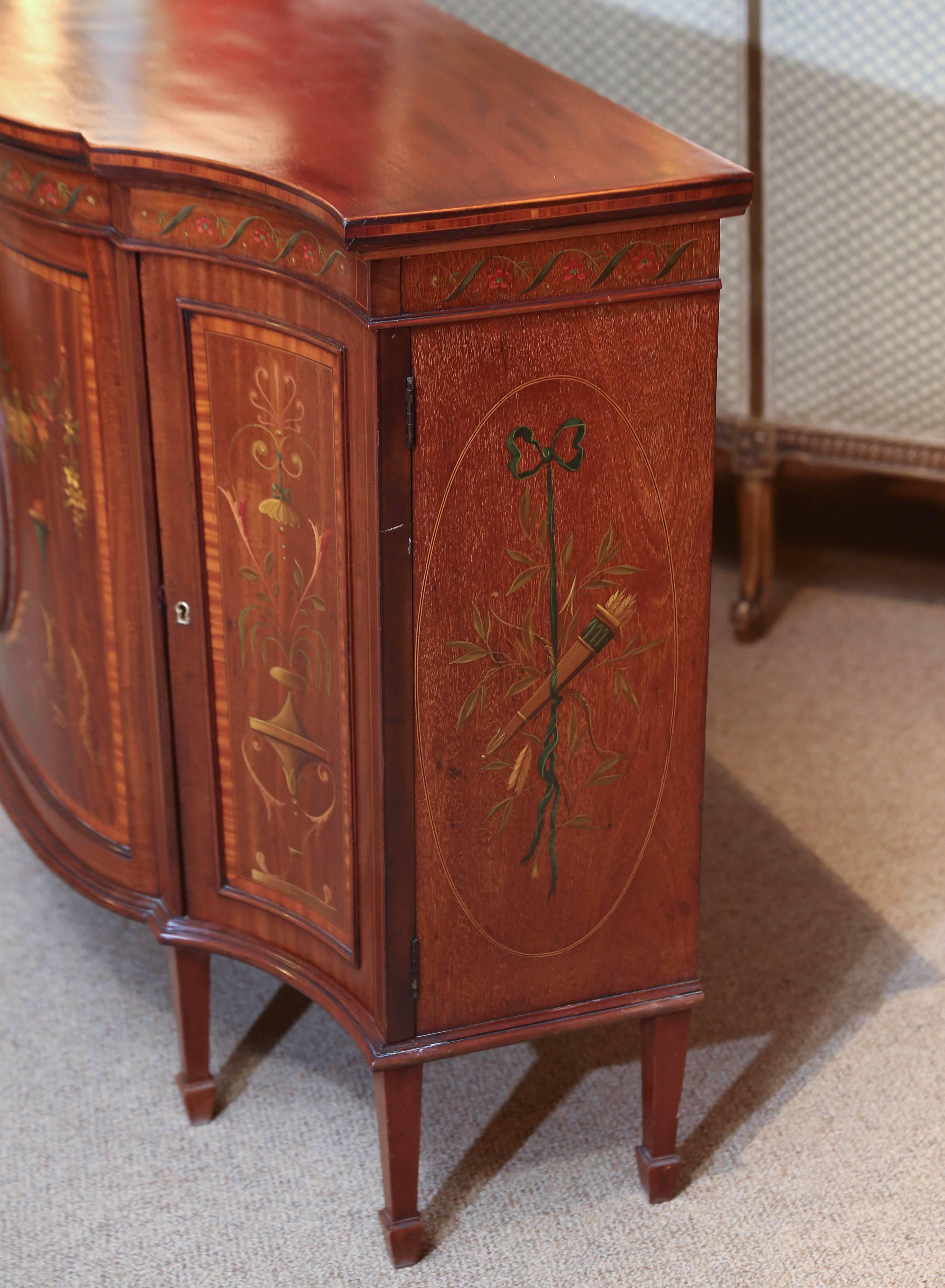 Walnut Adams Style Mahogany Cabinet, Hand-Painted with a Muse and Floral Motif
