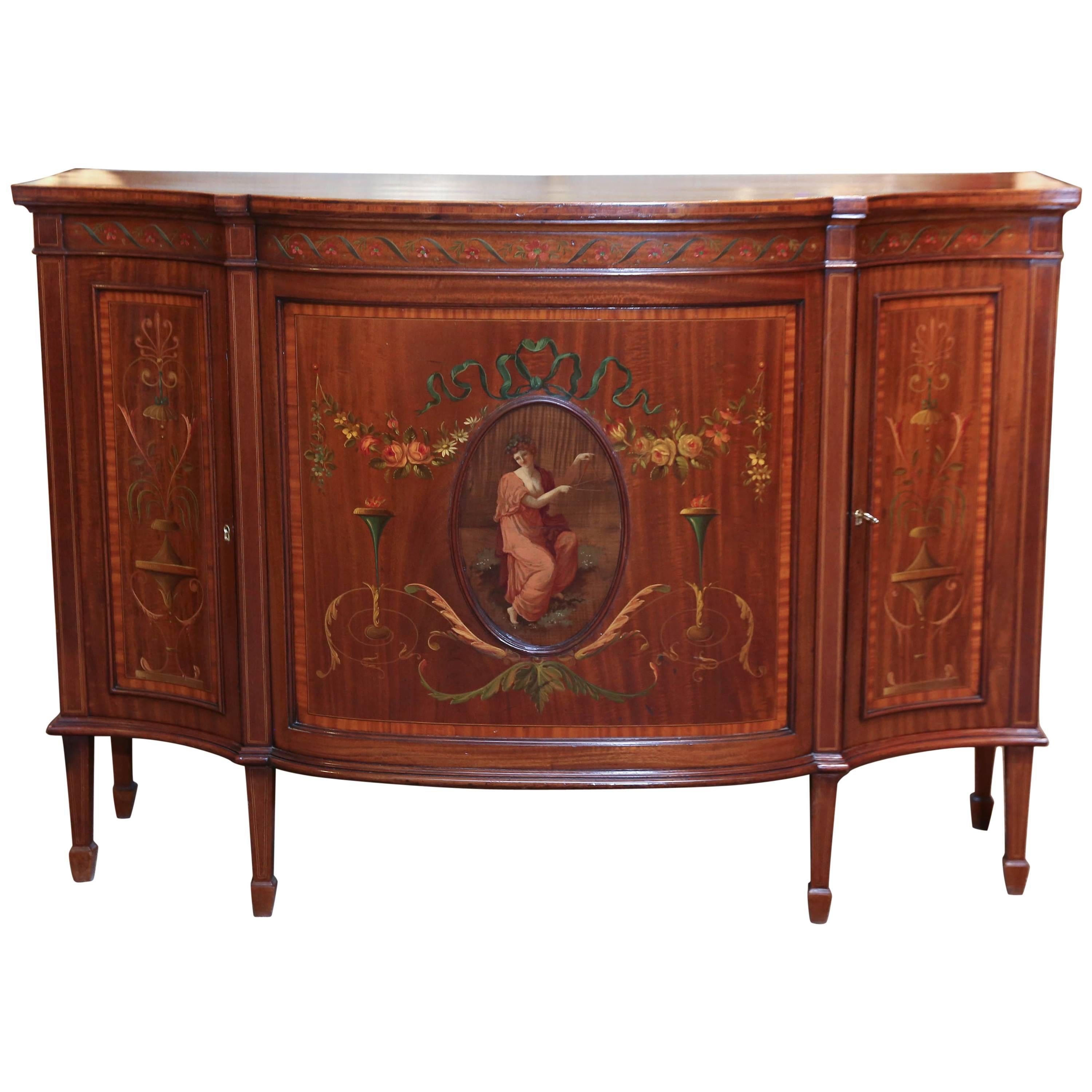 Adams Style Mahogany Cabinet, Hand-Painted with a Muse and Floral Motif