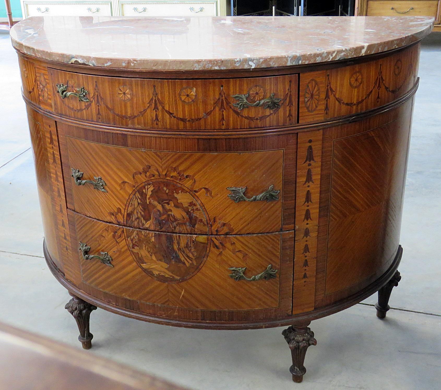 Adams style paint decorated marble-top 3-drawer demilune.
