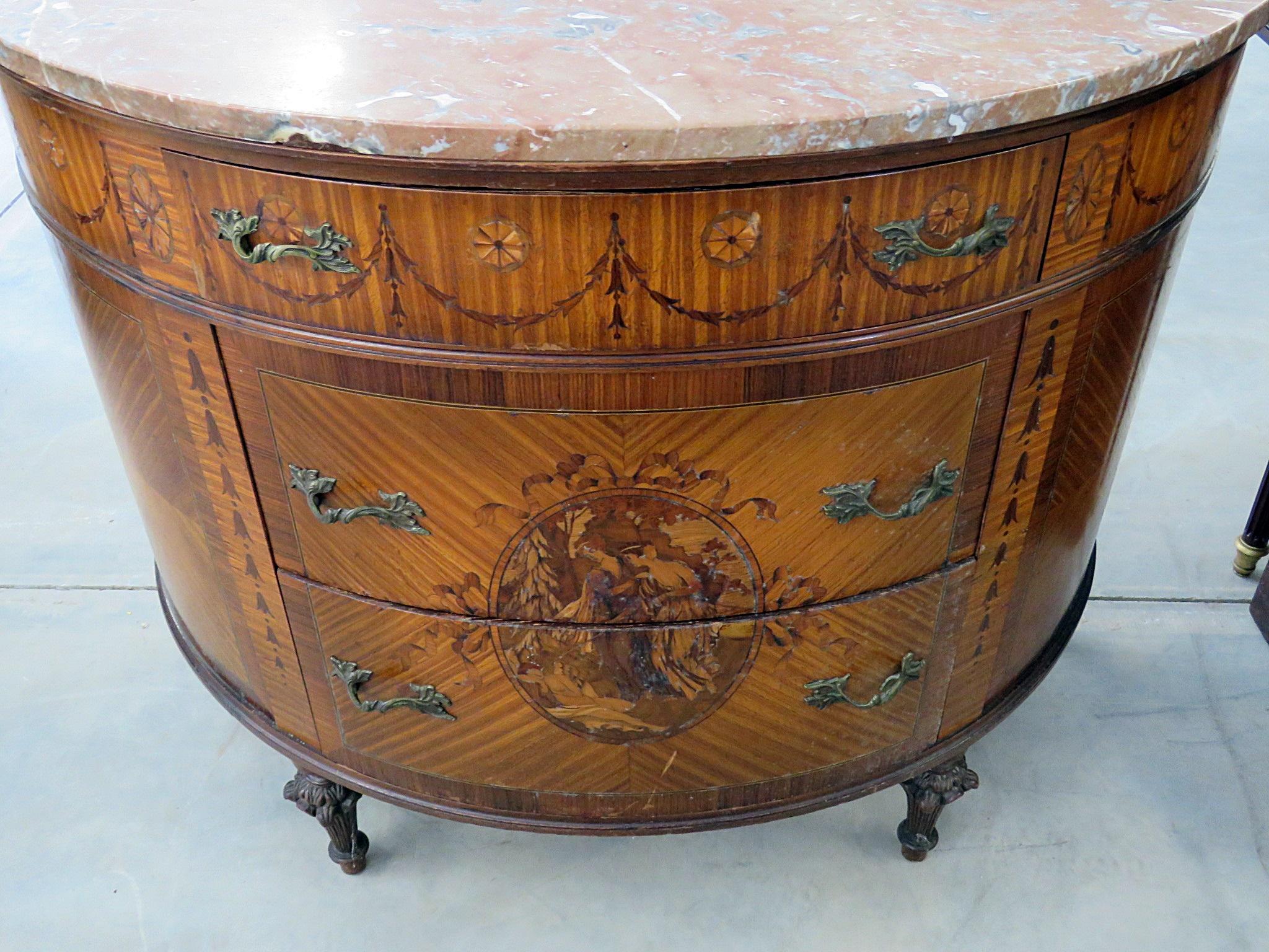 Adam Style Adams Style Inlaid Satinwood Marble Top Demilune Commode Buffet Dresser