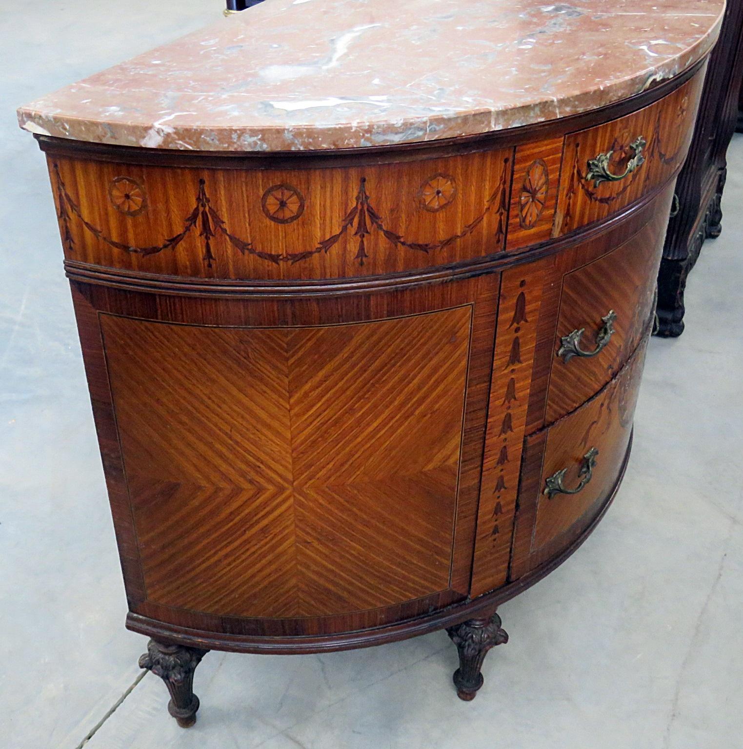 English Adams Style Inlaid Satinwood Marble Top Demilune Commode Buffet Dresser