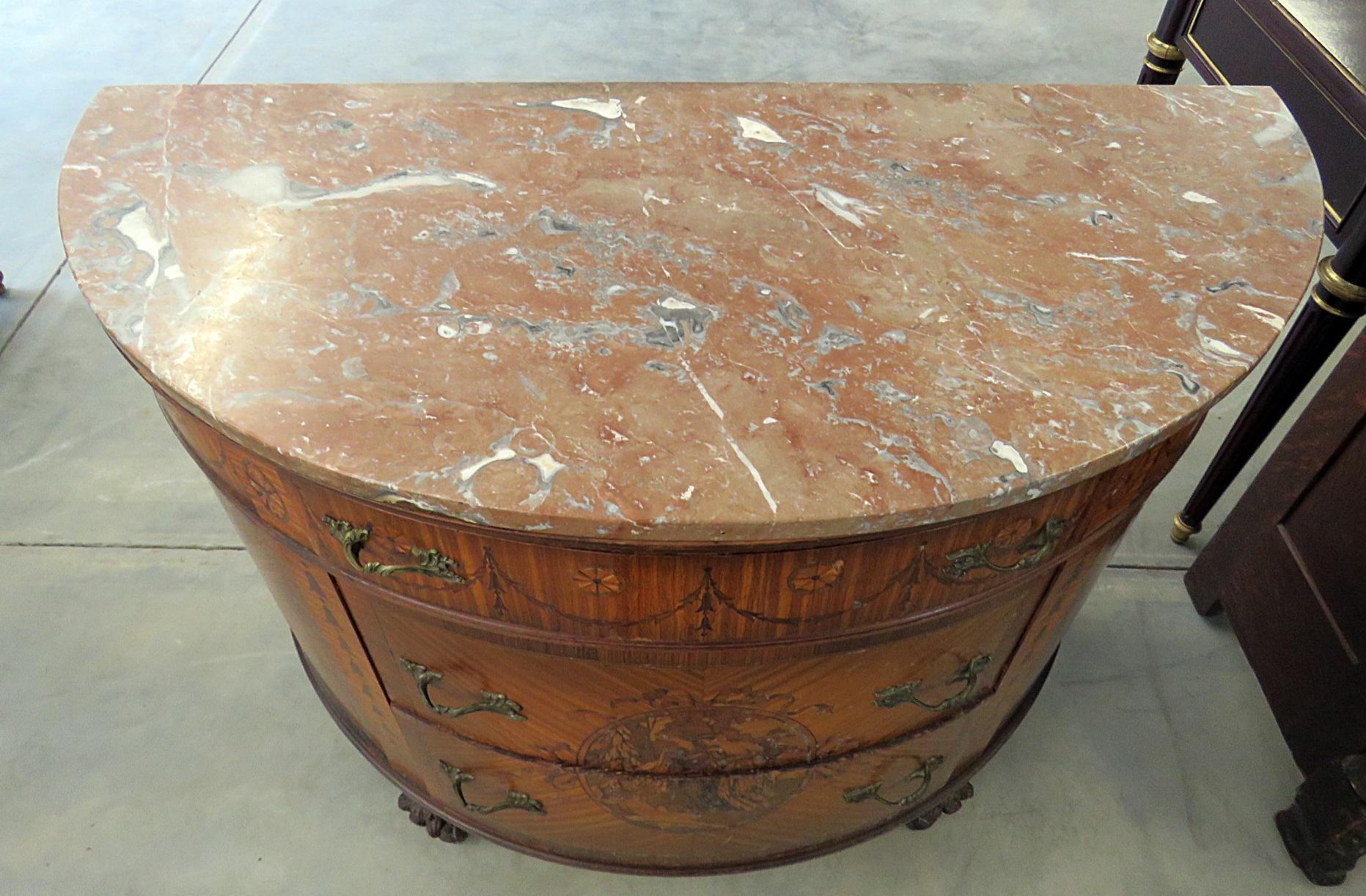 Adams Style Inlaid Satinwood Marble Top Demilune Commode Buffet Dresser In Good Condition In Swedesboro, NJ