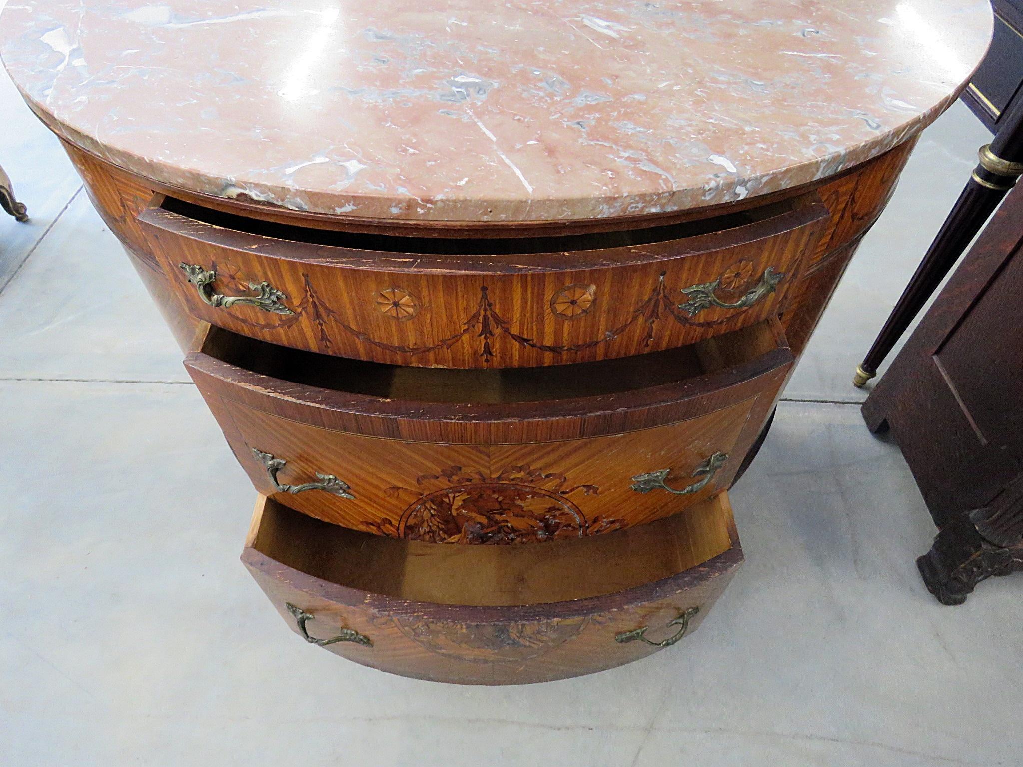 20th Century Adams Style Inlaid Satinwood Marble Top Demilune Commode Buffet Dresser