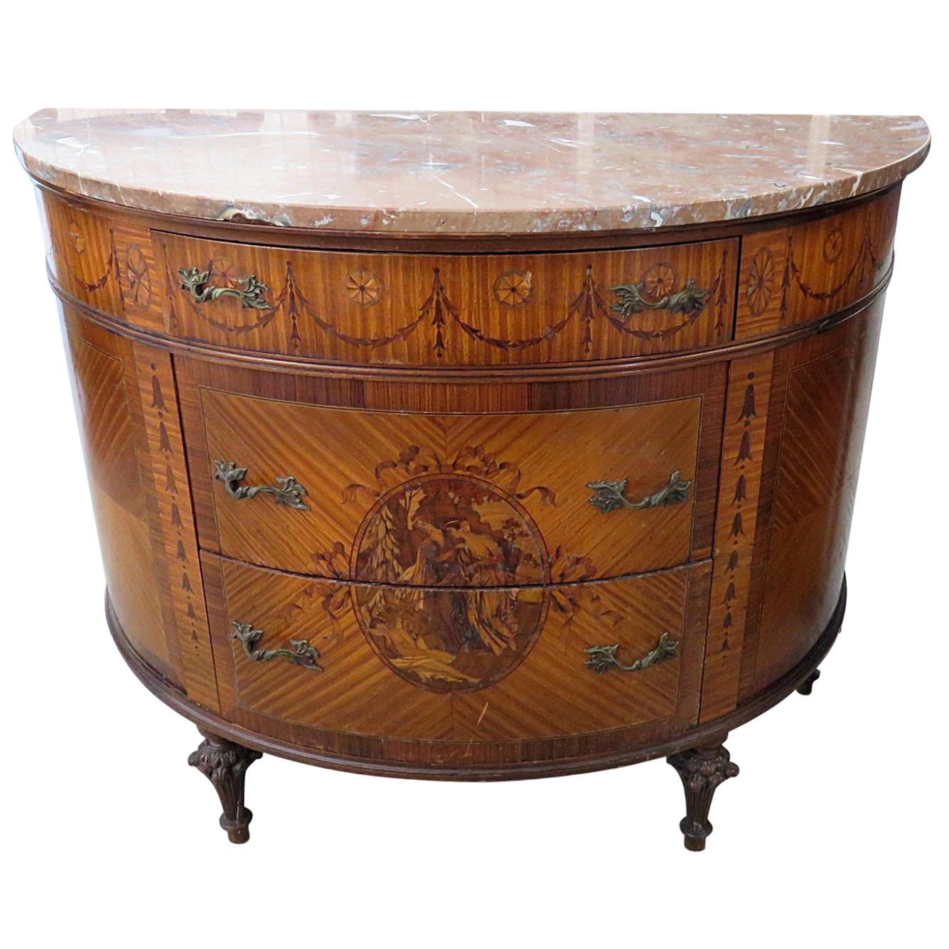 Adams Style Inlaid Satinwood Marble Top Demilune Commode Buffet Dresser