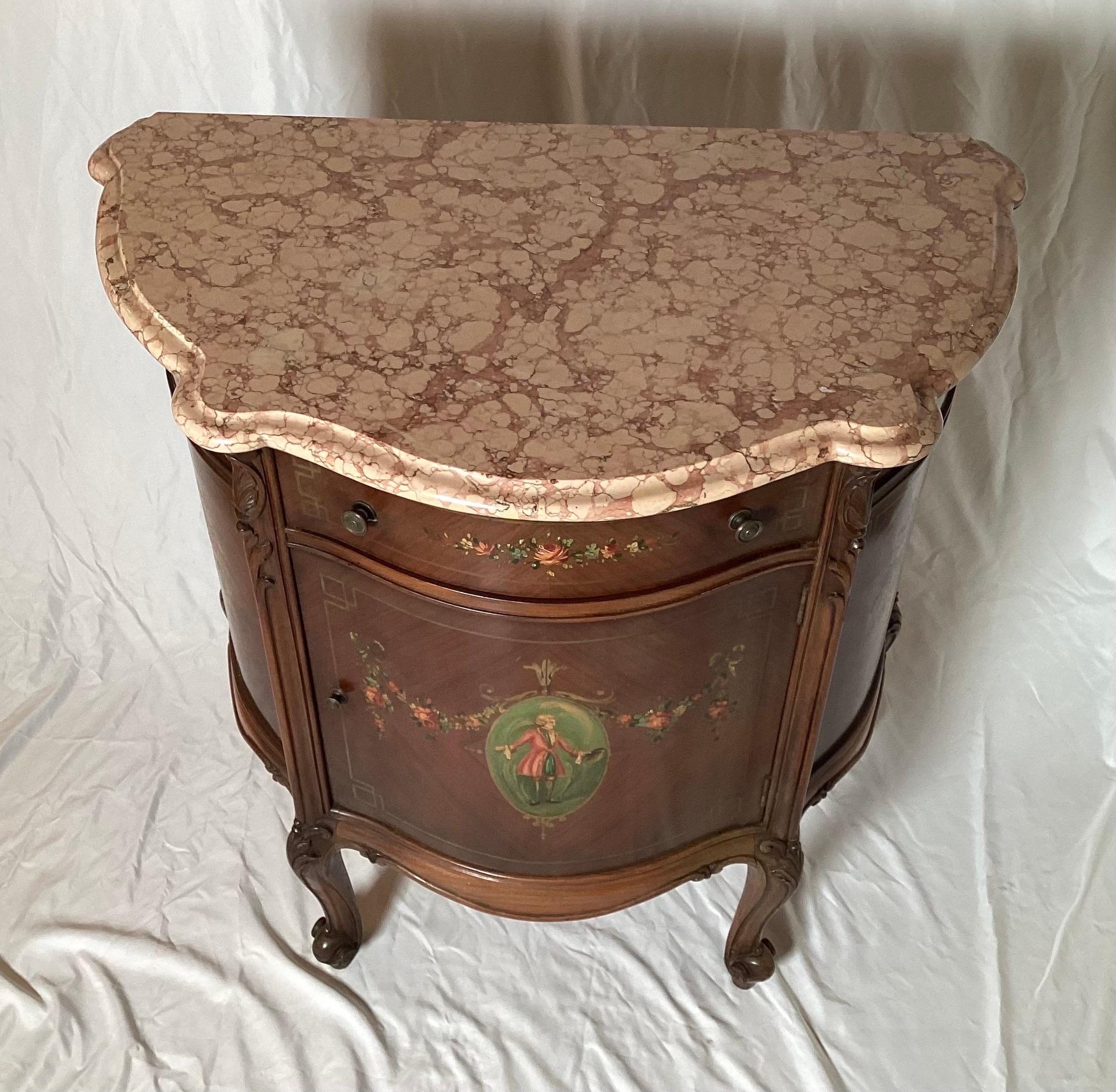 Adams Style Paint Decorated Commode Cabinet With Pink Marble Top. Wonderful condition with just some minor age-appropriate wear. Looks like the shelf inside was replaced but fits nicely. Great small size. 28