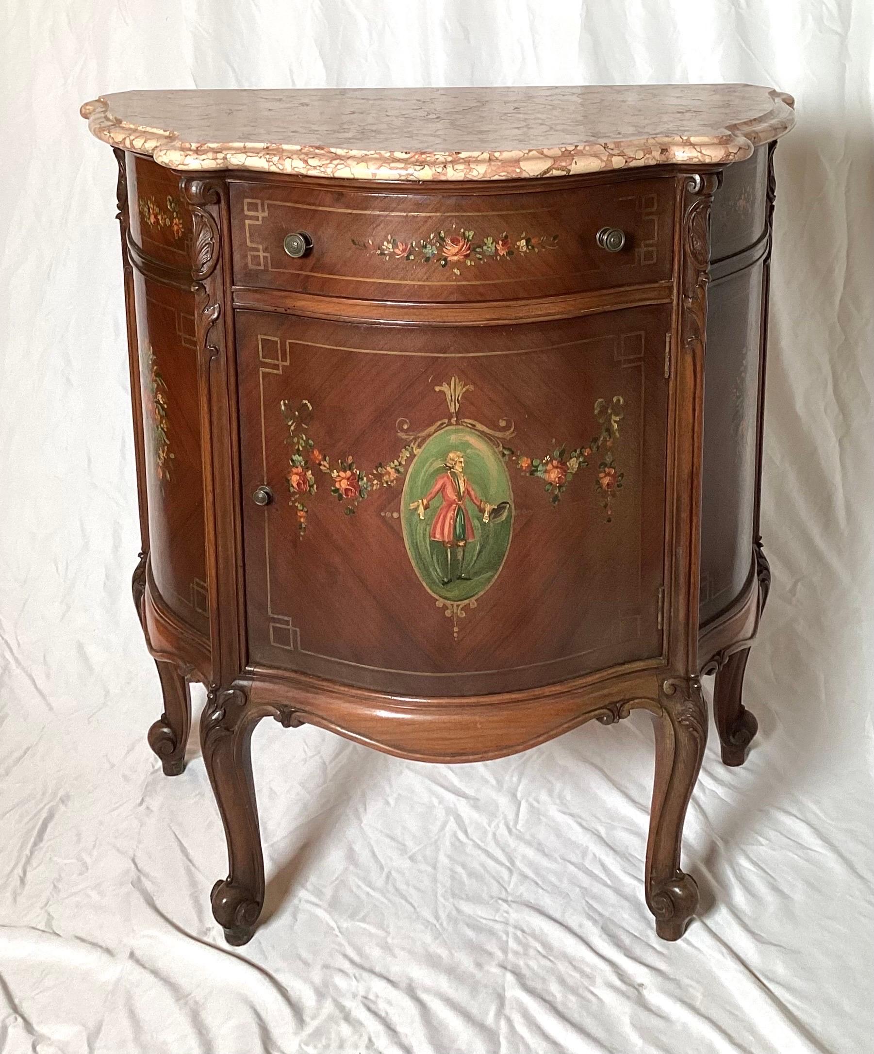Adam Style Adams Style Paint Decorated Commode Cabinet With Pink Marble Top For Sale