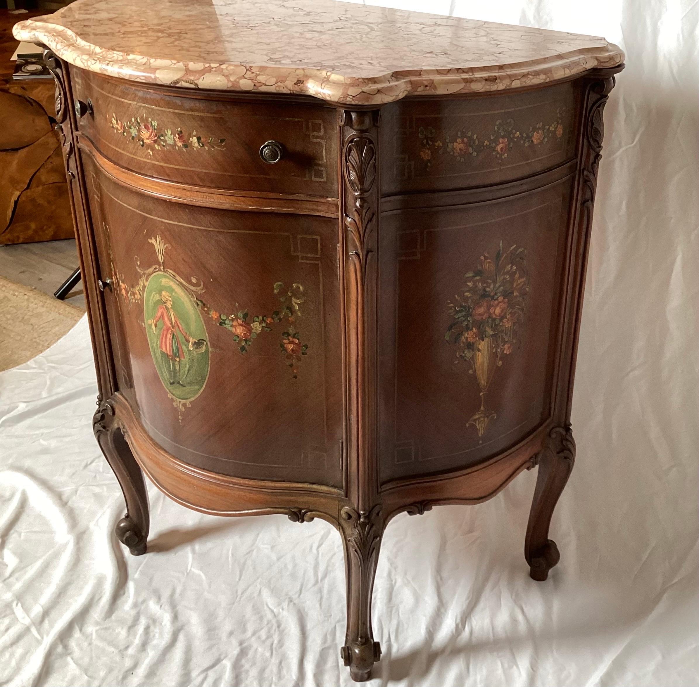 French Adams Style Paint Decorated Commode Cabinet With Pink Marble Top For Sale