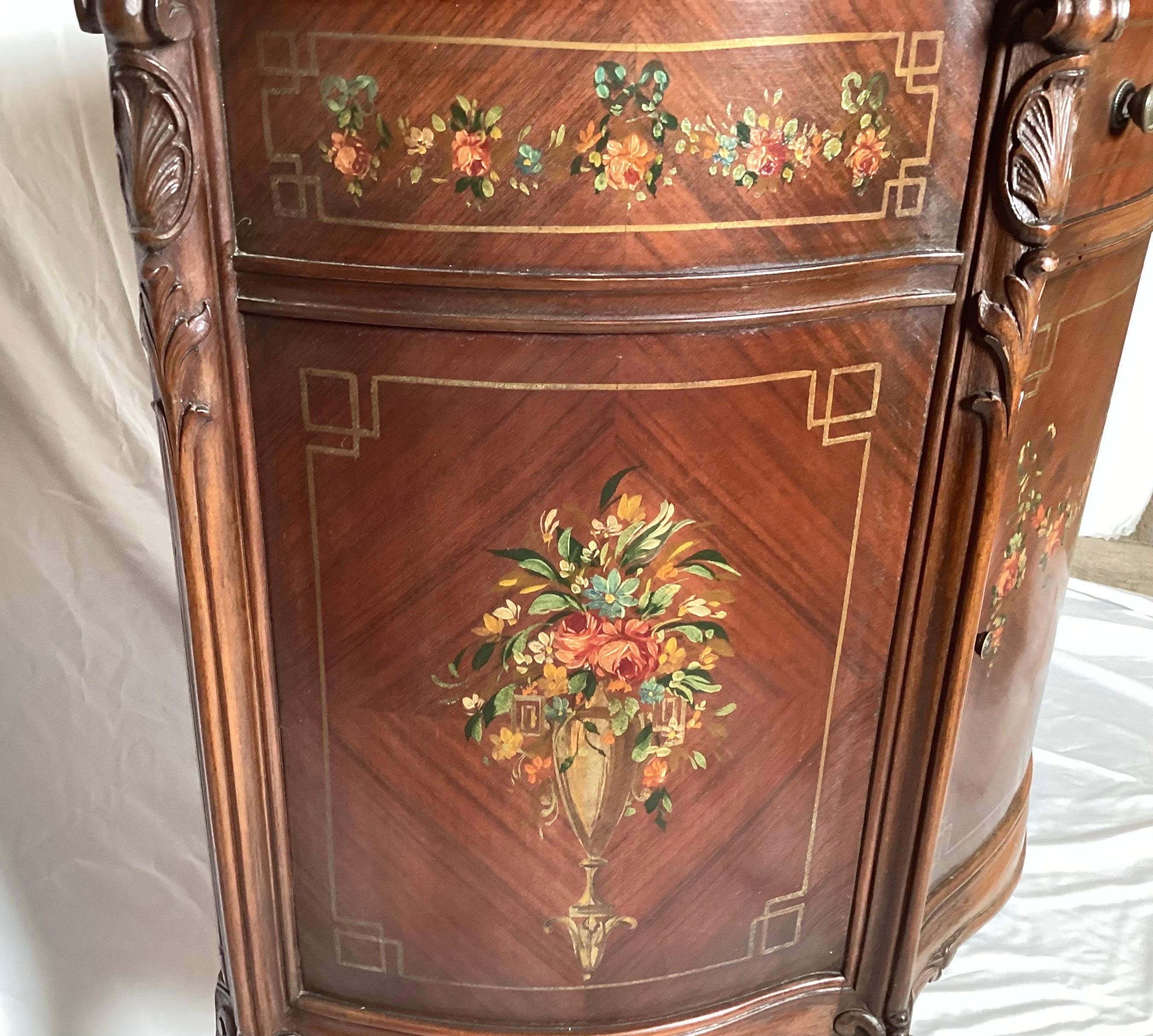 Adams Style Paint Decorated Commode Cabinet With Pink Marble Top In Excellent Condition For Sale In Lambertville, NJ