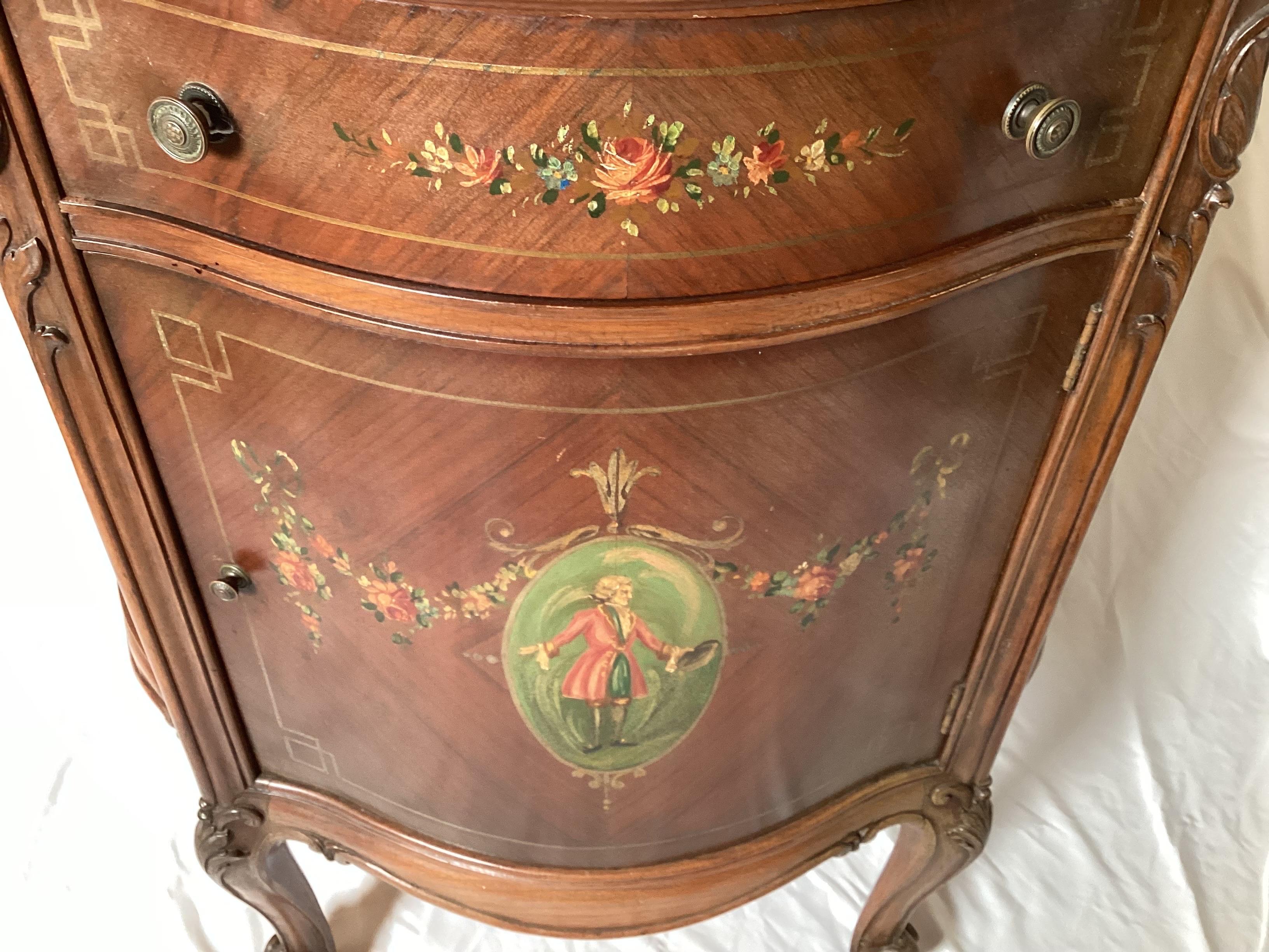 Wood Adams Style Paint Decorated Commode Cabinet With Pink Marble Top For Sale