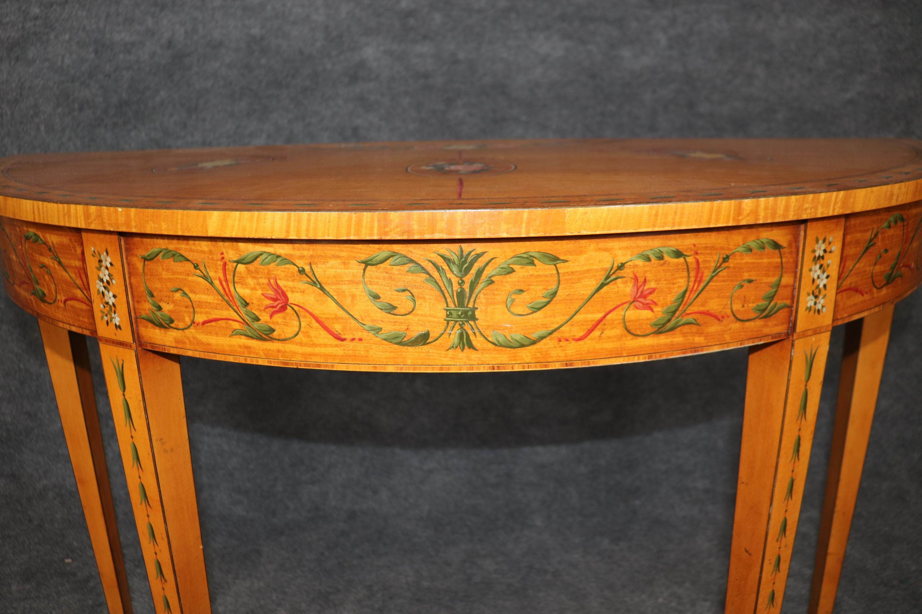 Adams Style Paint Decorated English Satinwood Demilune Console Table For Sale 6