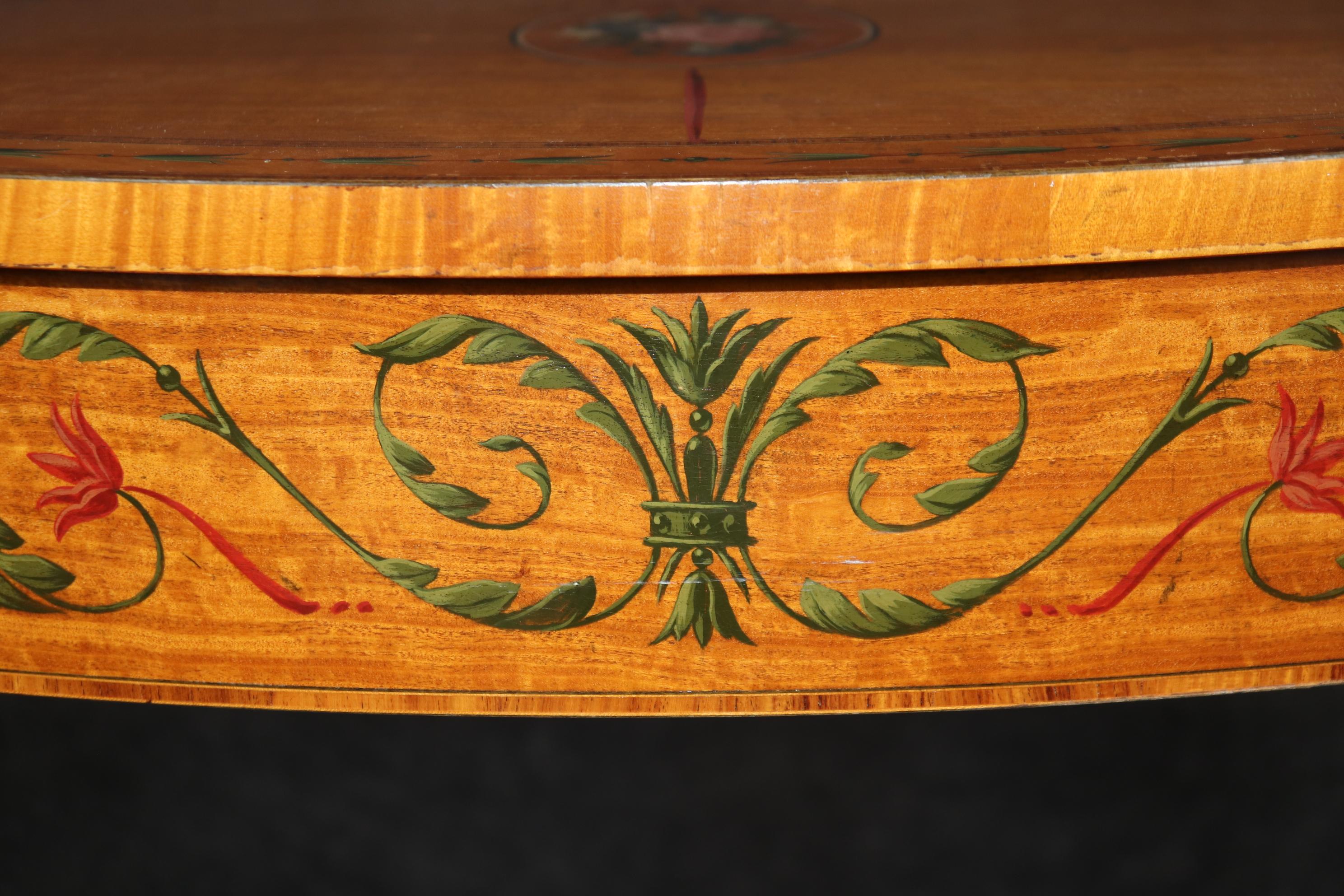 Early 20th Century Adams Style Paint Decorated English Satinwood Demilune Console Table For Sale