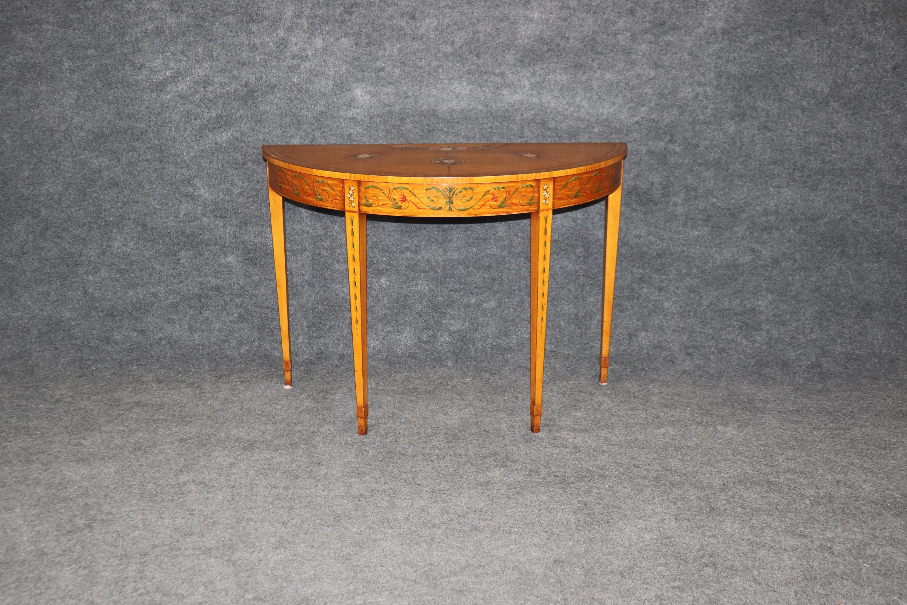 Adams Style Paint Decorated English Satinwood Demilune Console Table For Sale 2
