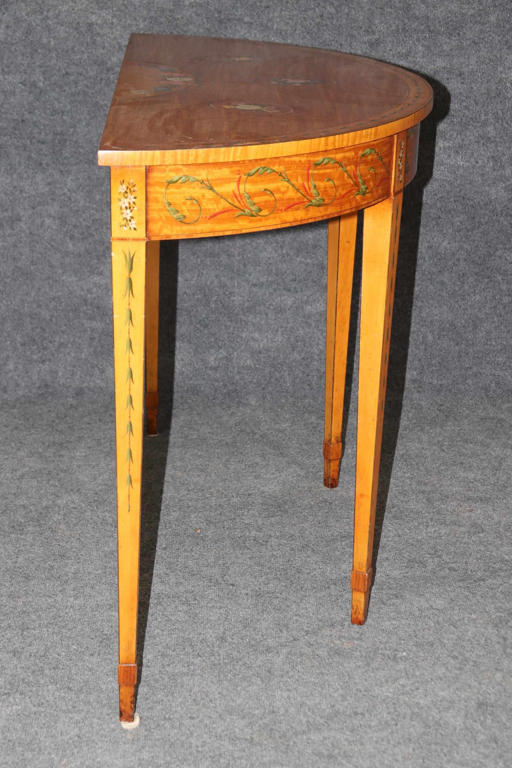 Adams Style Paint Decorated English Satinwood Demilune Console Table For Sale 3