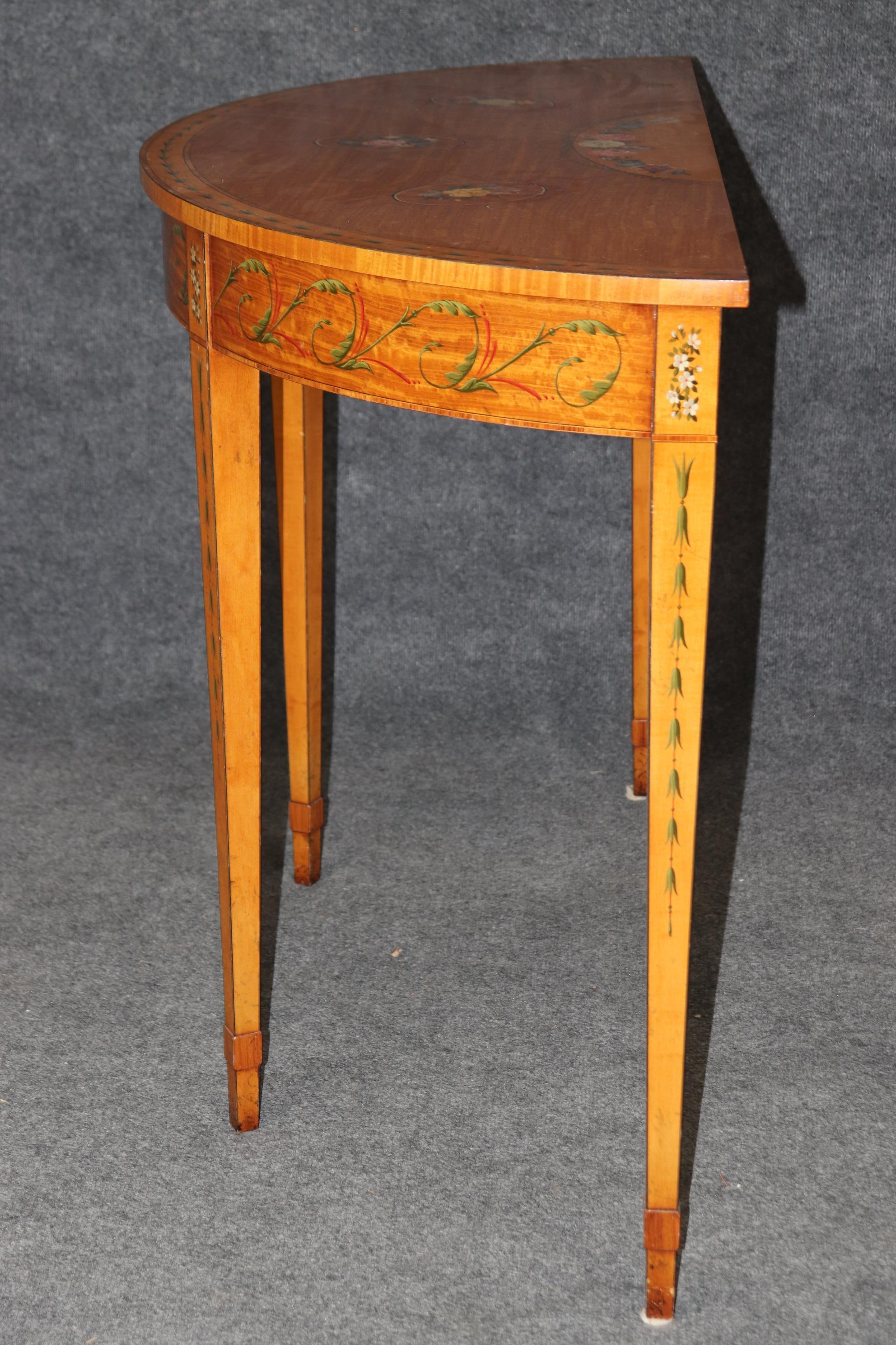 Adams Style Paint Decorated English Satinwood Demilune Console Table For Sale 4