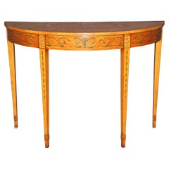 Adams Style Paint Decorated English Satinwood Demilune Console Table