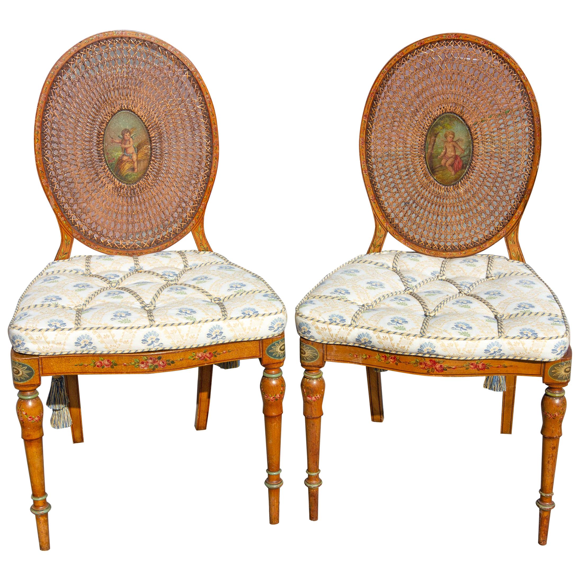 Adams Style Painted Caned Side Chairs a Pair