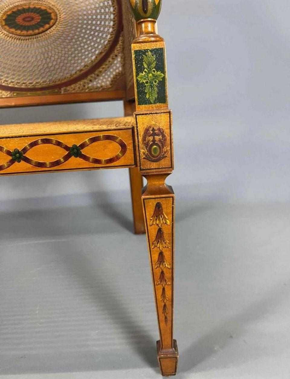 Unknown Adams Style Settee with Caned Medallions and Hand Painted Adornments