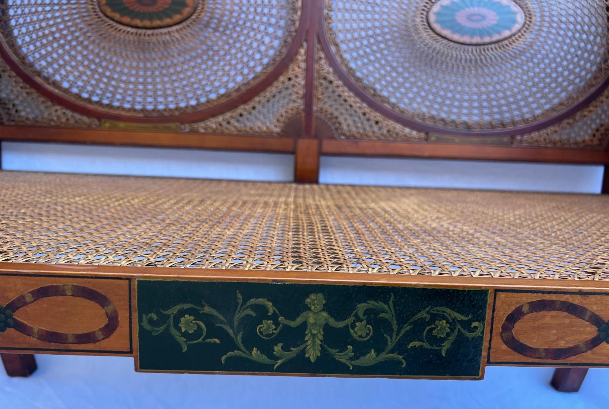 Adams Style Settee with Caned Medallions and Hand Painted Adornments In Good Condition In Ross, CA