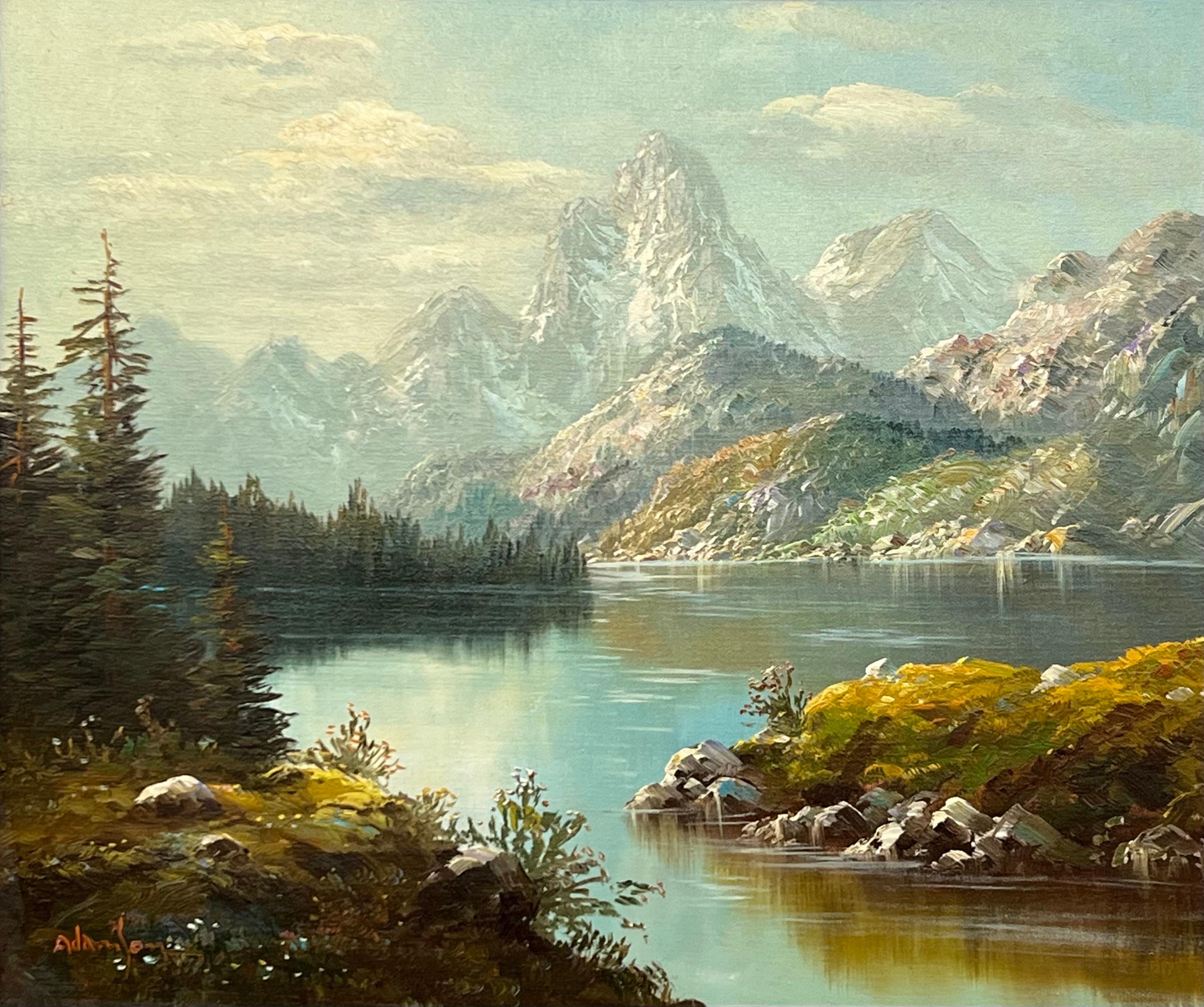 Serene Mountain Lake Scene with Forest & Snow Capped Peaks - Painting by Adamson