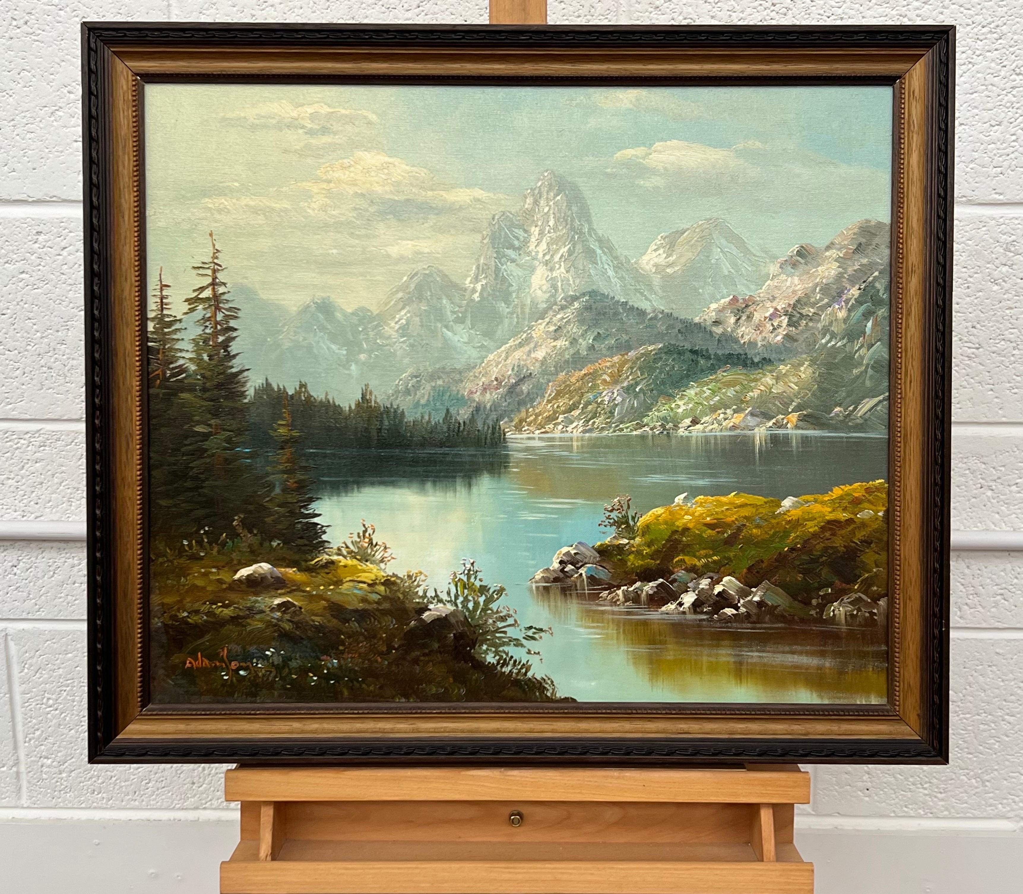 Serene Mountain Lake Scene with Forest & Snow Capped Peaks - Realist Painting by Adamson