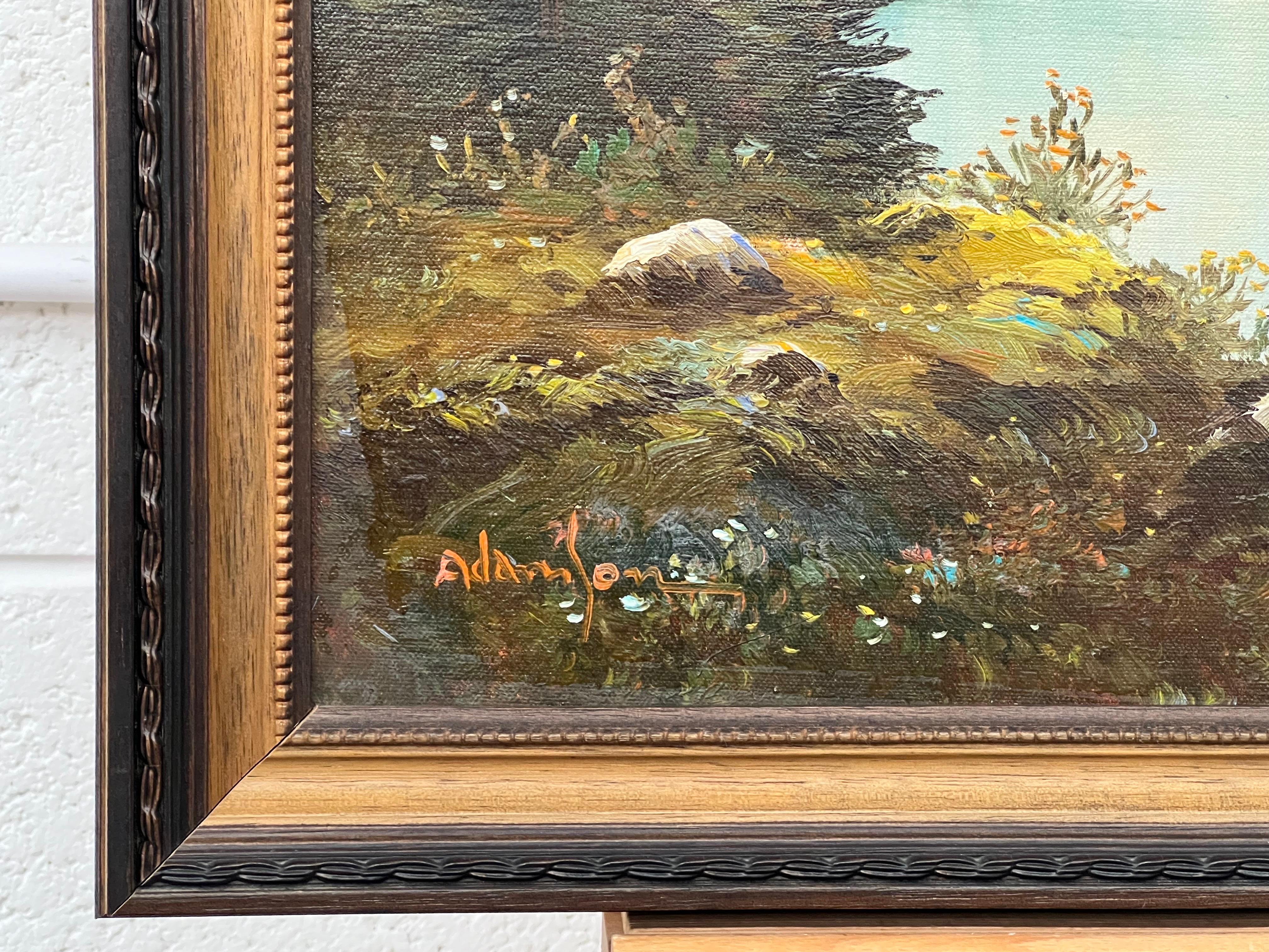 Serene Mountain Lake Scene with Forest & Snow Capped Peaks. Vintage Original Oil Painting. 

Art measures 24 x 20 inches 
Frame measures 28 x 24 inches 

The painting depicts a serene mountain lake surrounded by lush greenery and towering,