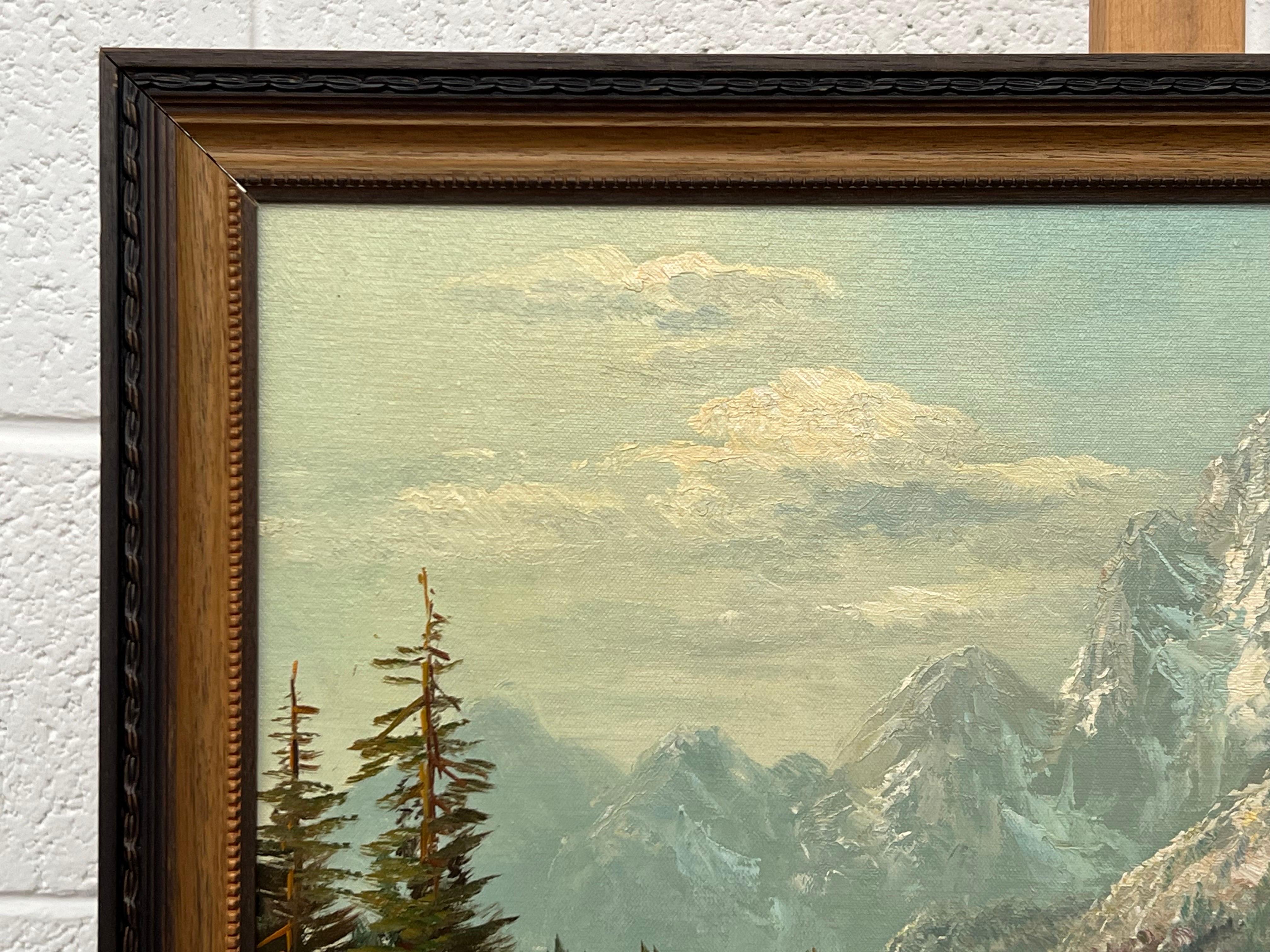 Serene Mountain Lake Scene with Forest & Snow Capped Peaks 1