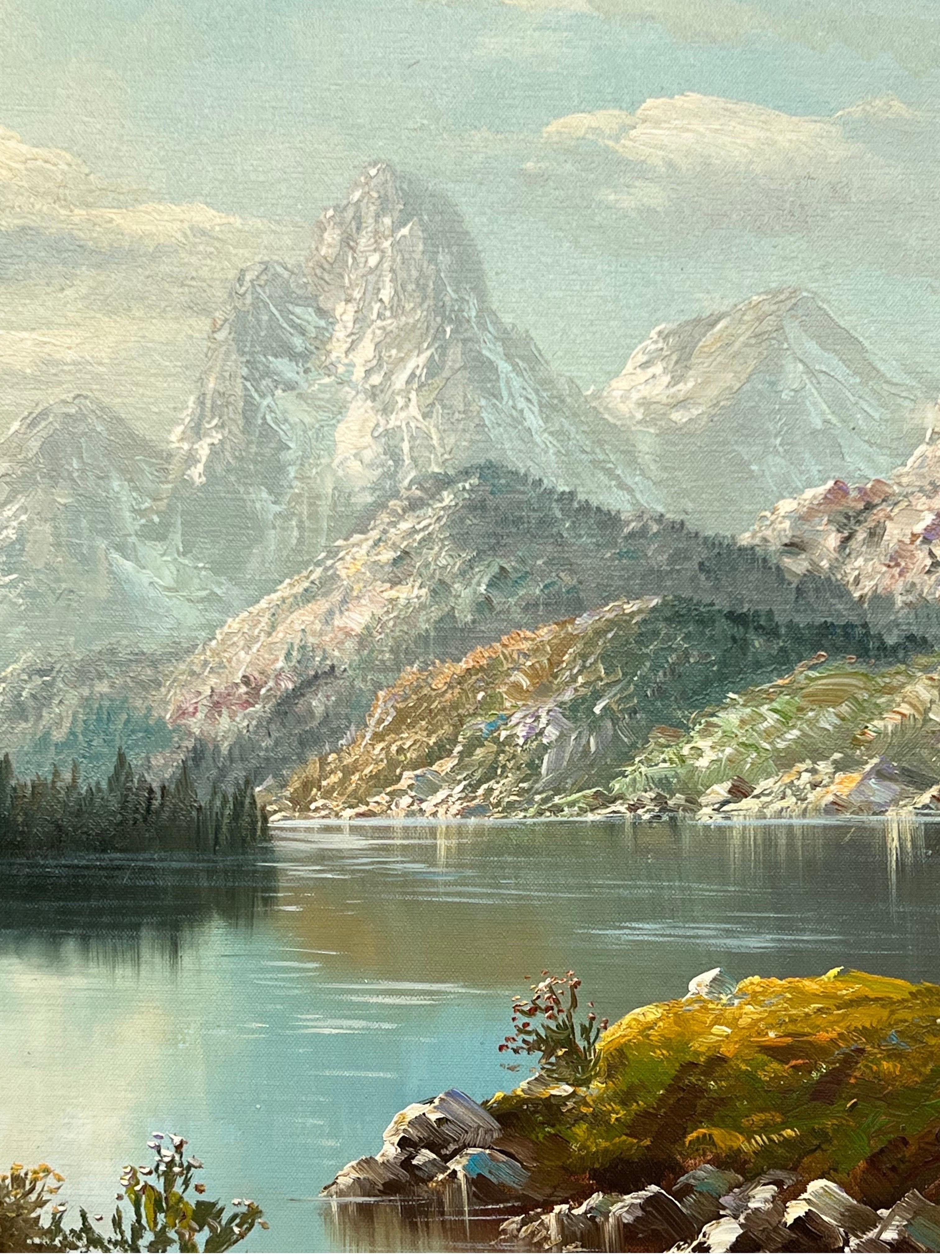 Serene Mountain Lake Scene with Forest & Snow Capped Peaks 3
