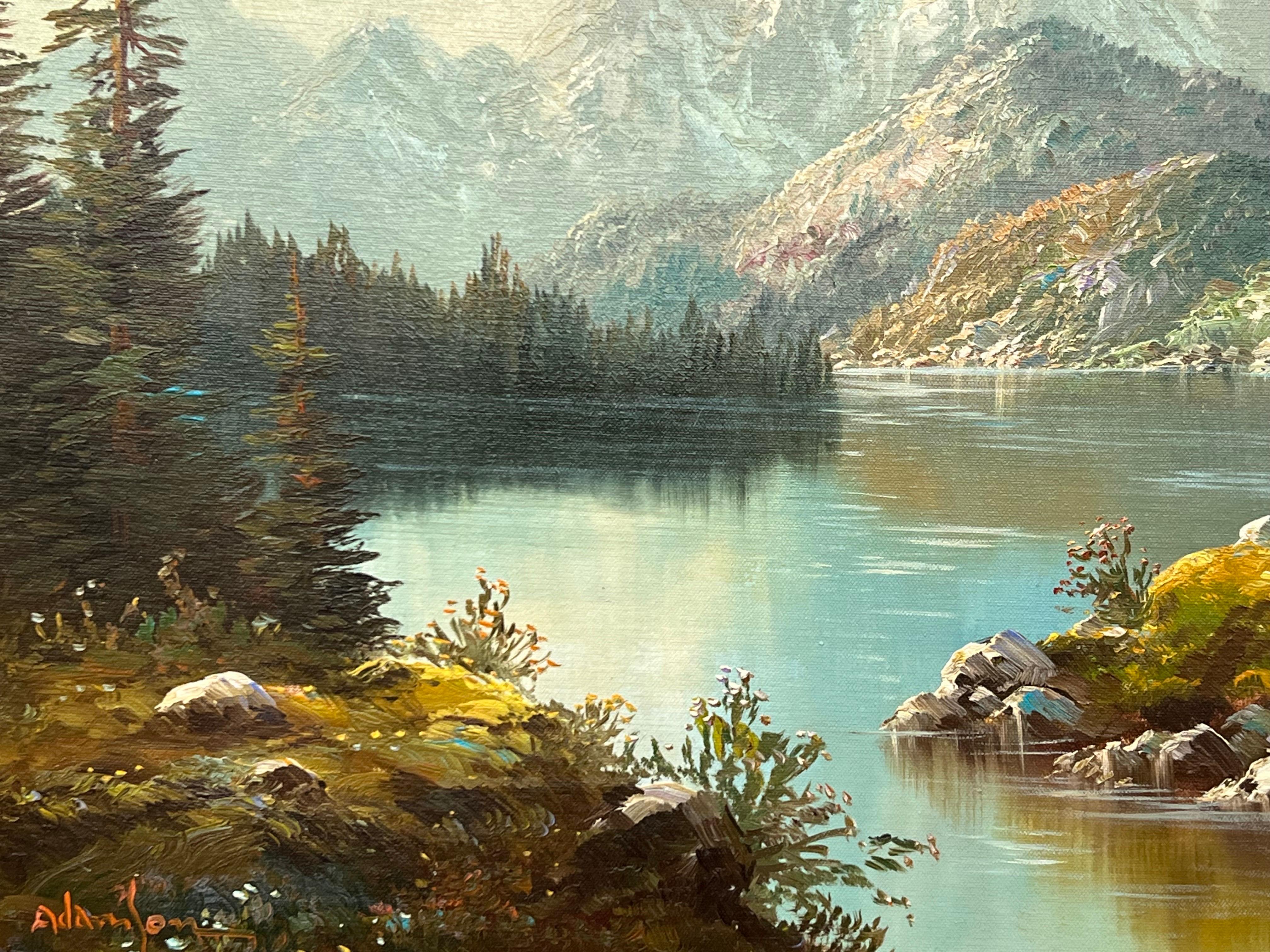 Serene Mountain Lake Scene with Forest & Snow Capped Peaks 4