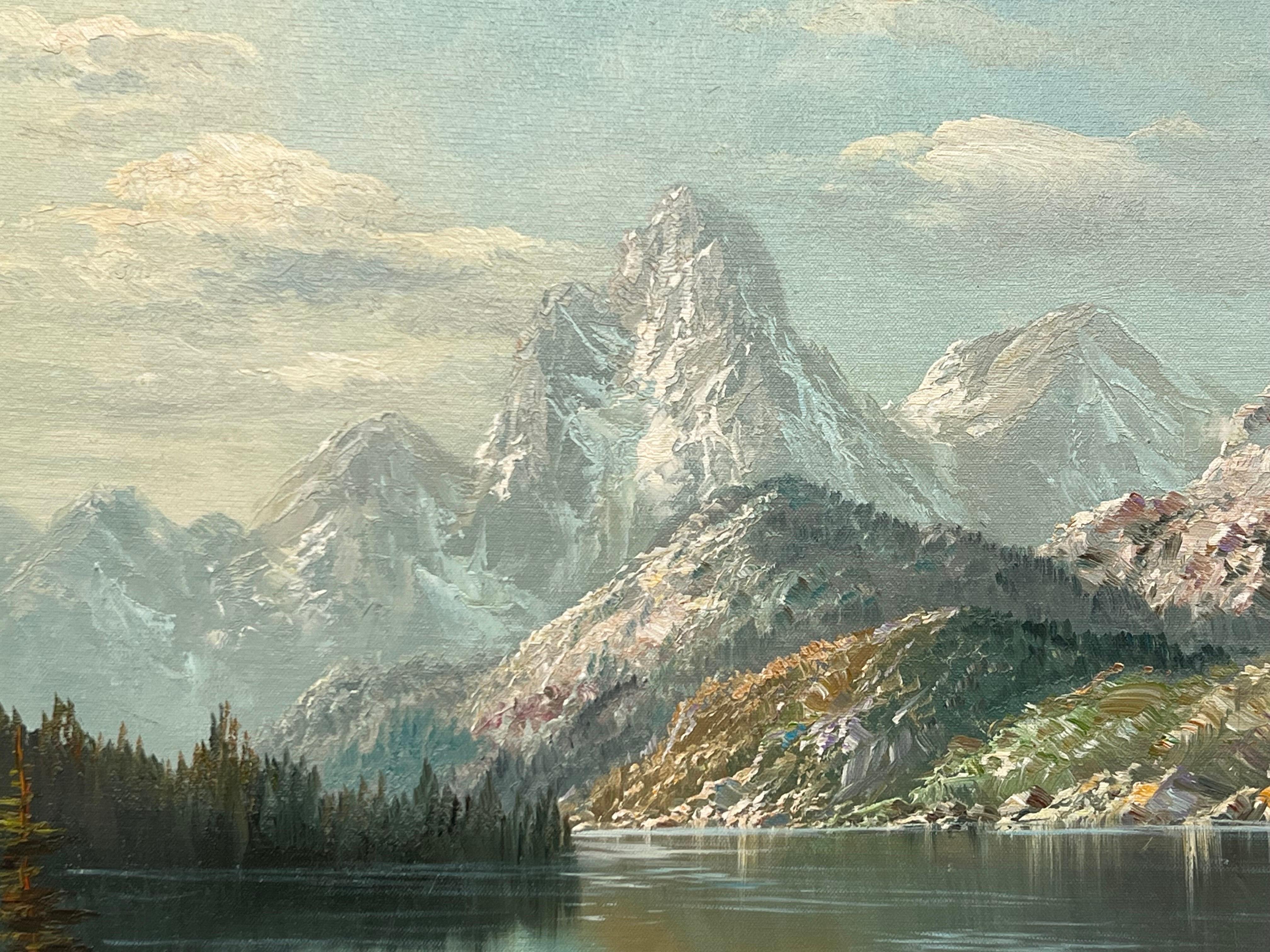 Serene Mountain Lake Scene with Forest & Snow Capped Peaks 5