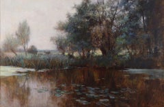 Lily pads on a River. A large 19th century antique painting oil on canvas