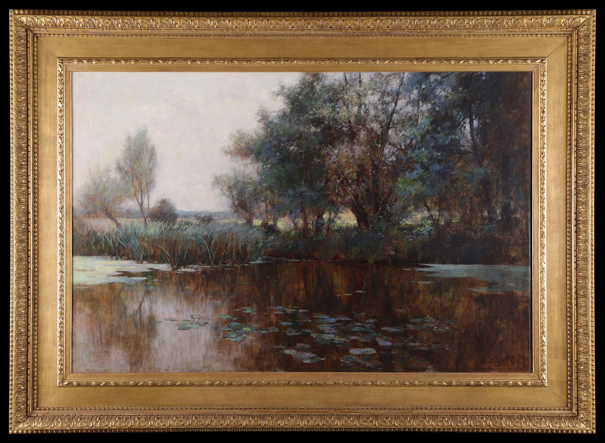 Adan Edwin Proctor Landscape Painting - Lily pads on a River. A large 19th century antique painting oil on canvas