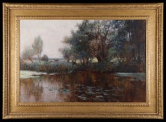 Lily pads on a River. A large 19th century antique painting oil on canvas