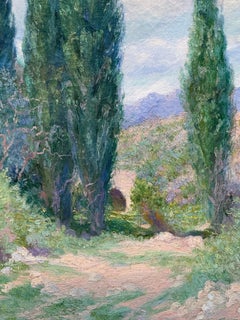 Lebendige impressionistische Landschaft: Zypressen und Bach