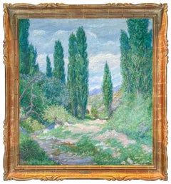 Lebendige impressionistische Landschaft: Zypressen und Bach
