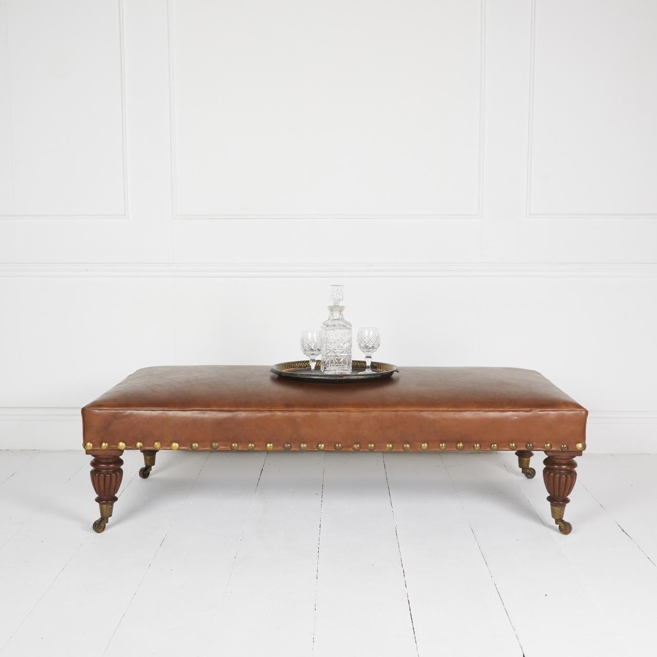 English Adapted daybed stool in hand-antiqued Italian hide For Sale