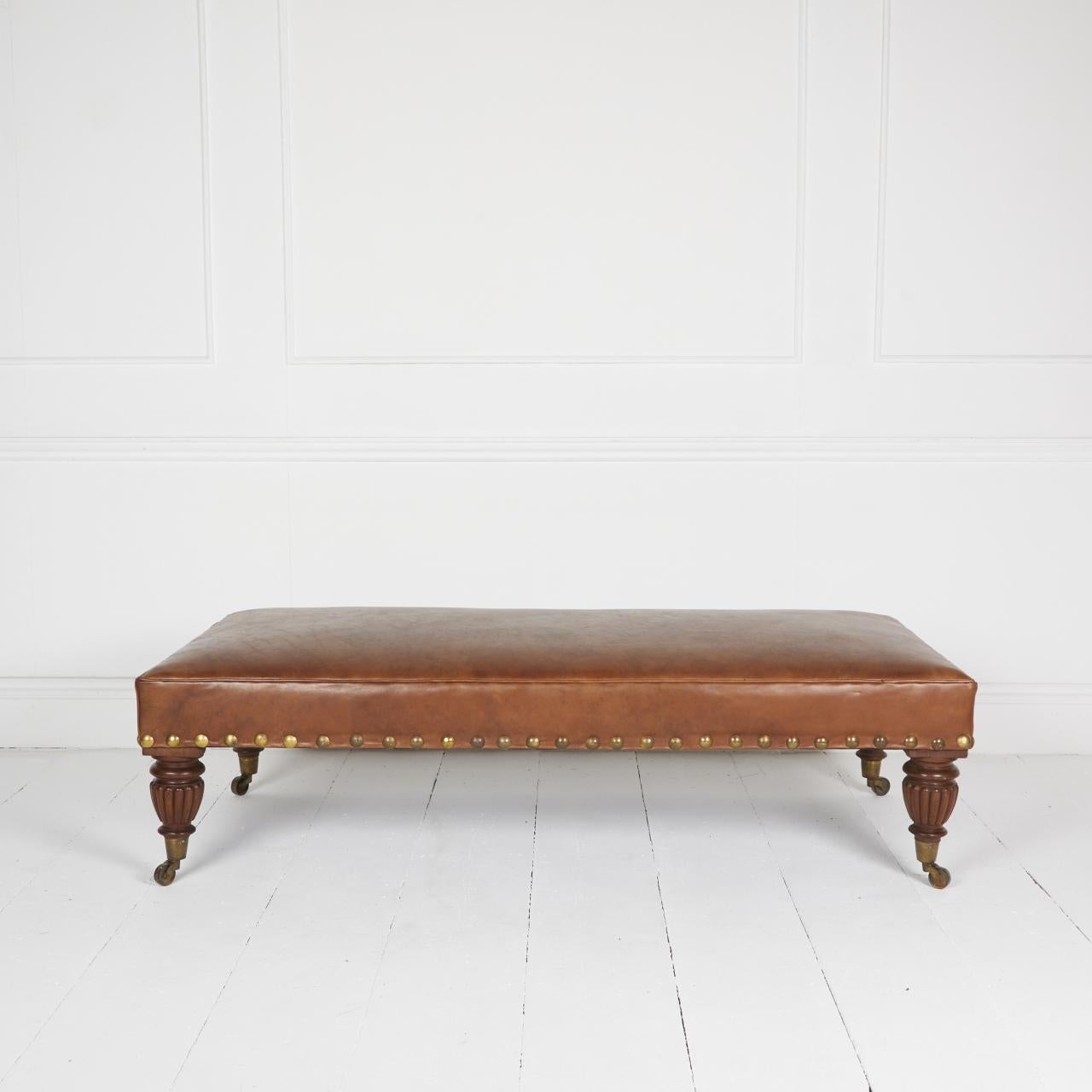 Walnut Adapted daybed stool in hand-antiqued Italian hide For Sale